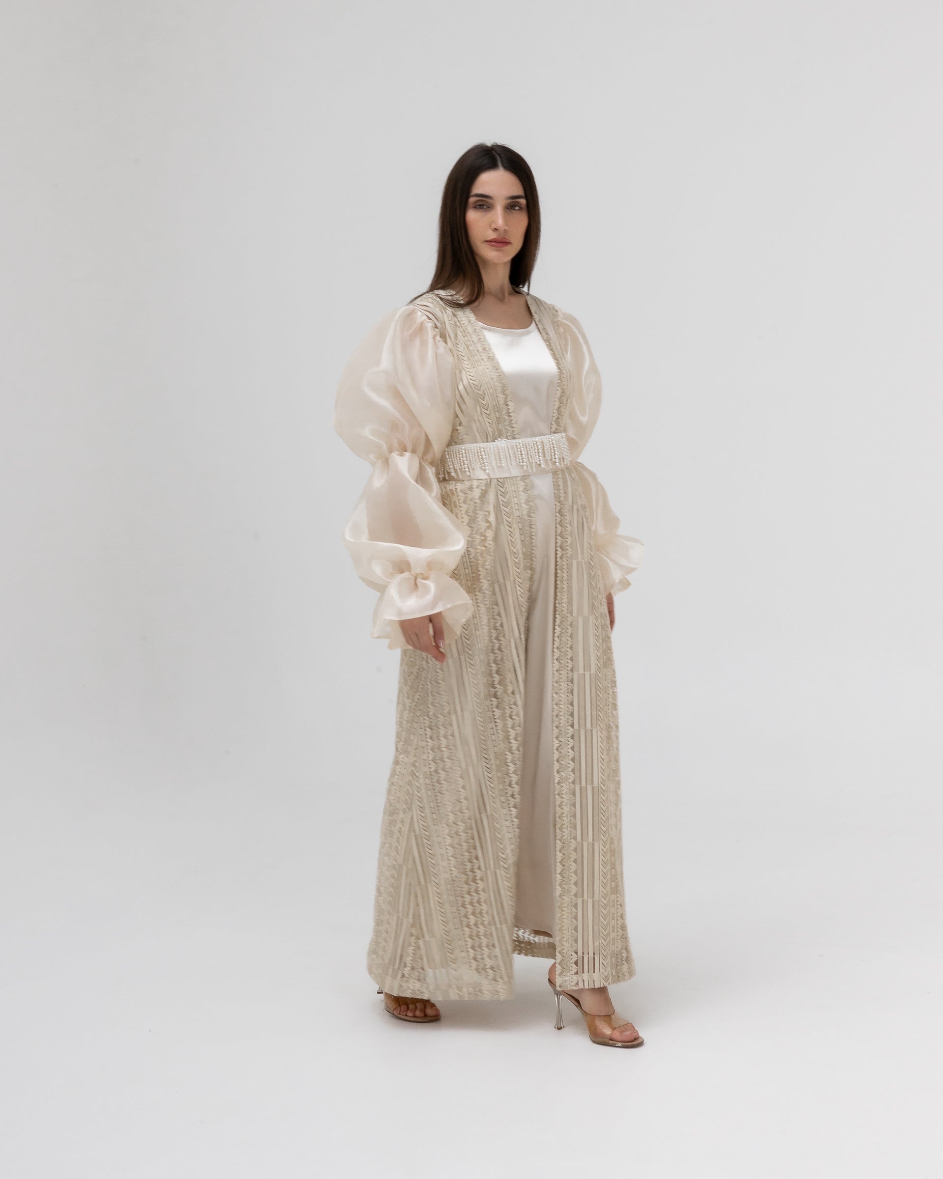 Champagne Lace Abaya with Sheer Puff Sleeves