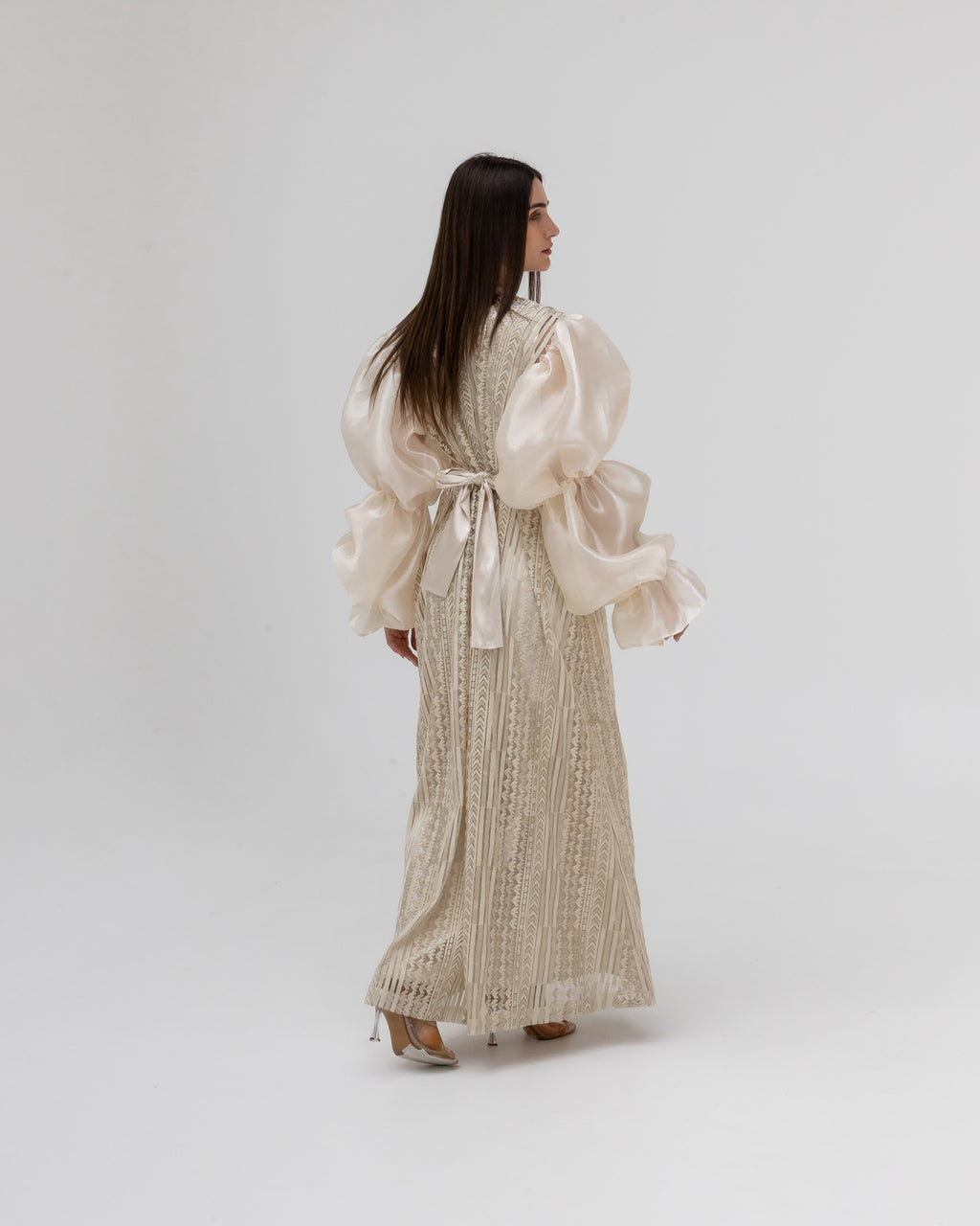 Champagne Lace Abaya with Sheer Puff Sleeves