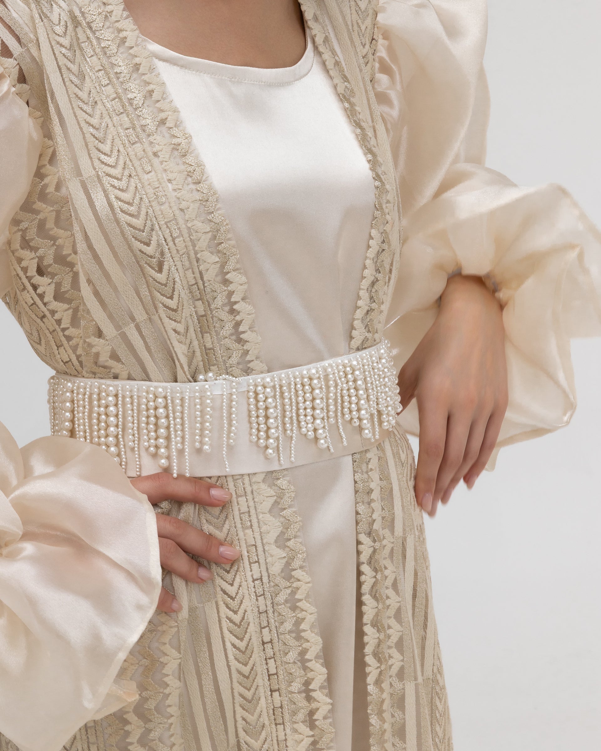 Champagne Lace Abaya with Sheer Puff Sleeves