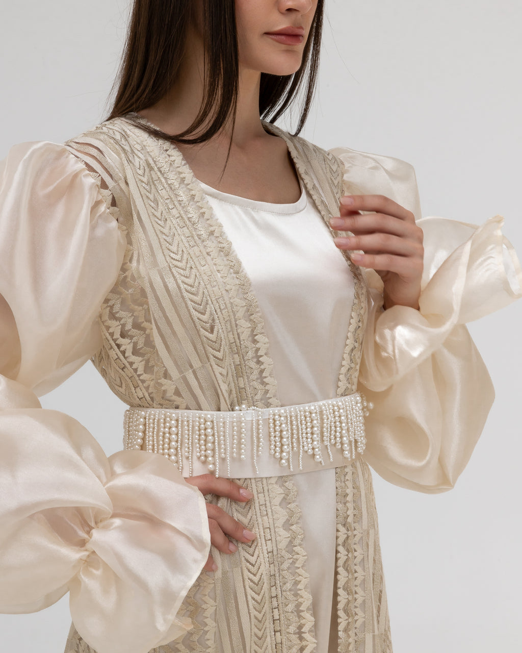 Champagne Lace Abaya with Sheer Puff Sleeves