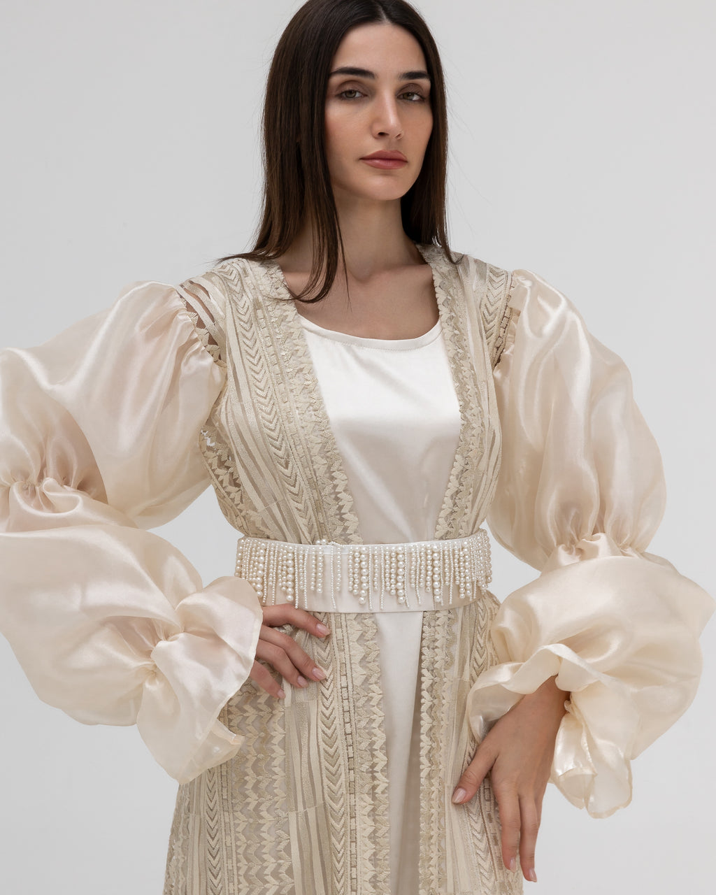 Champagne Lace Abaya with Sheer Puff Sleeves