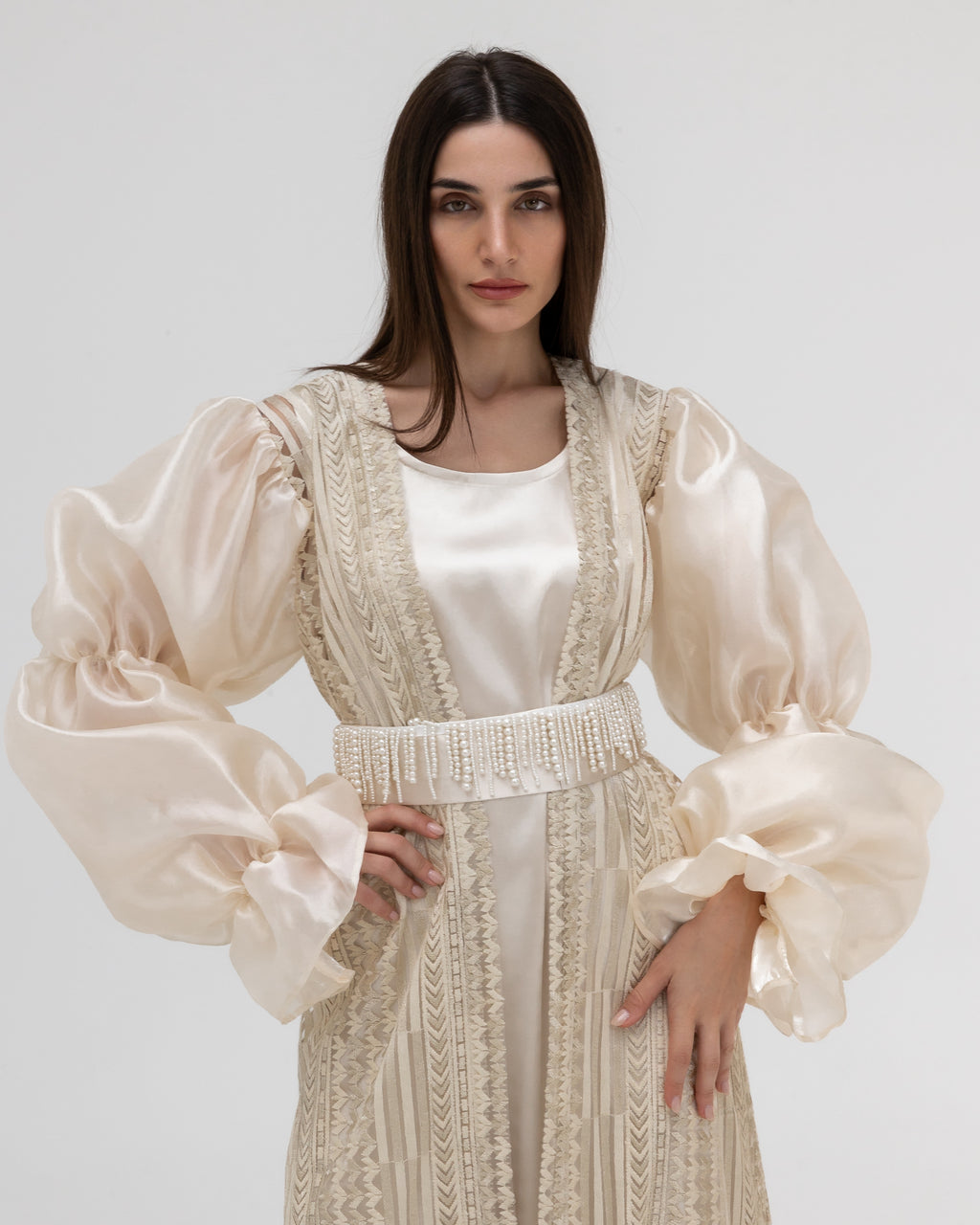 Champagne Lace Abaya with Sheer Puff Sleeves