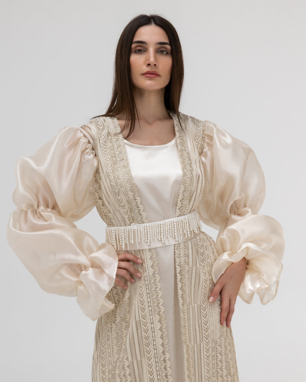 Champagne Lace Abaya with Sheer Puff Sleeves