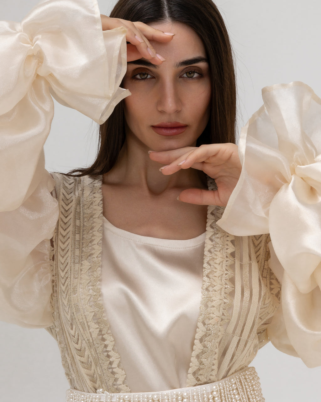 Champagne Lace Abaya with Sheer Puff Sleeves
