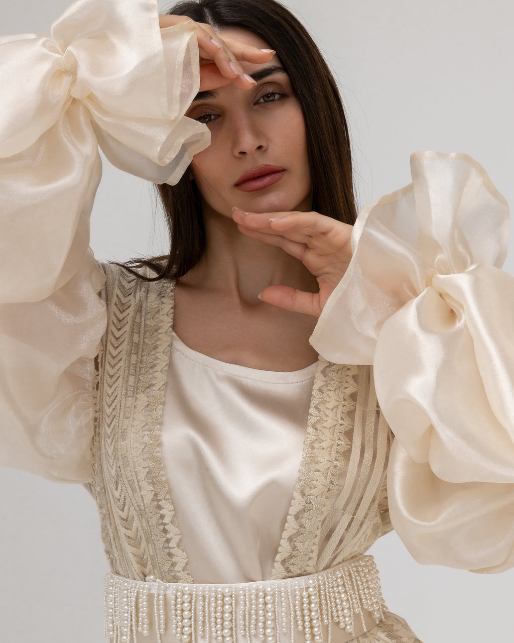 Champagne Lace Abaya with Sheer Puff Sleeves