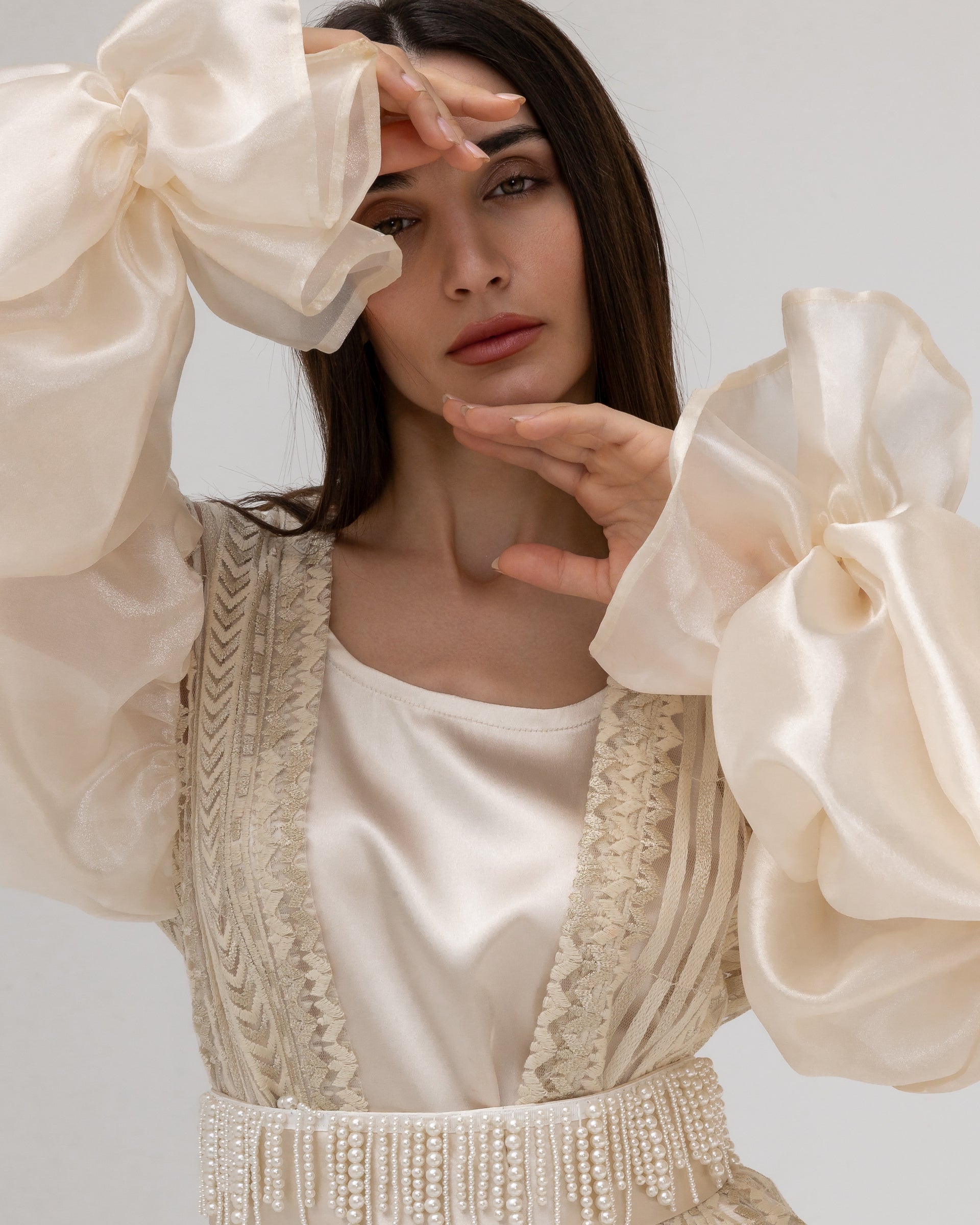 Champagne Lace Abaya with Sheer Puff Sleeves