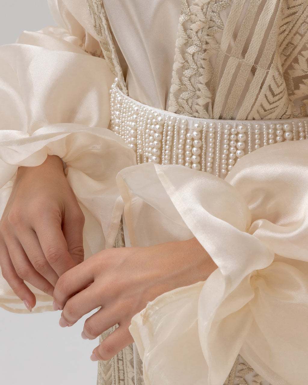 Champagne Lace Abaya with Sheer Puff Sleeves