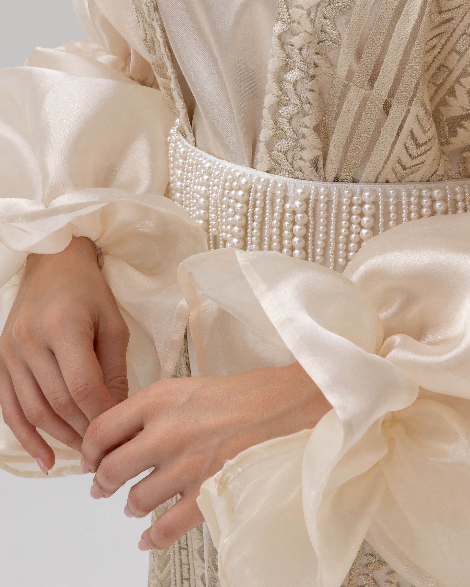 Champagne Lace Abaya with Sheer Puff Sleeves