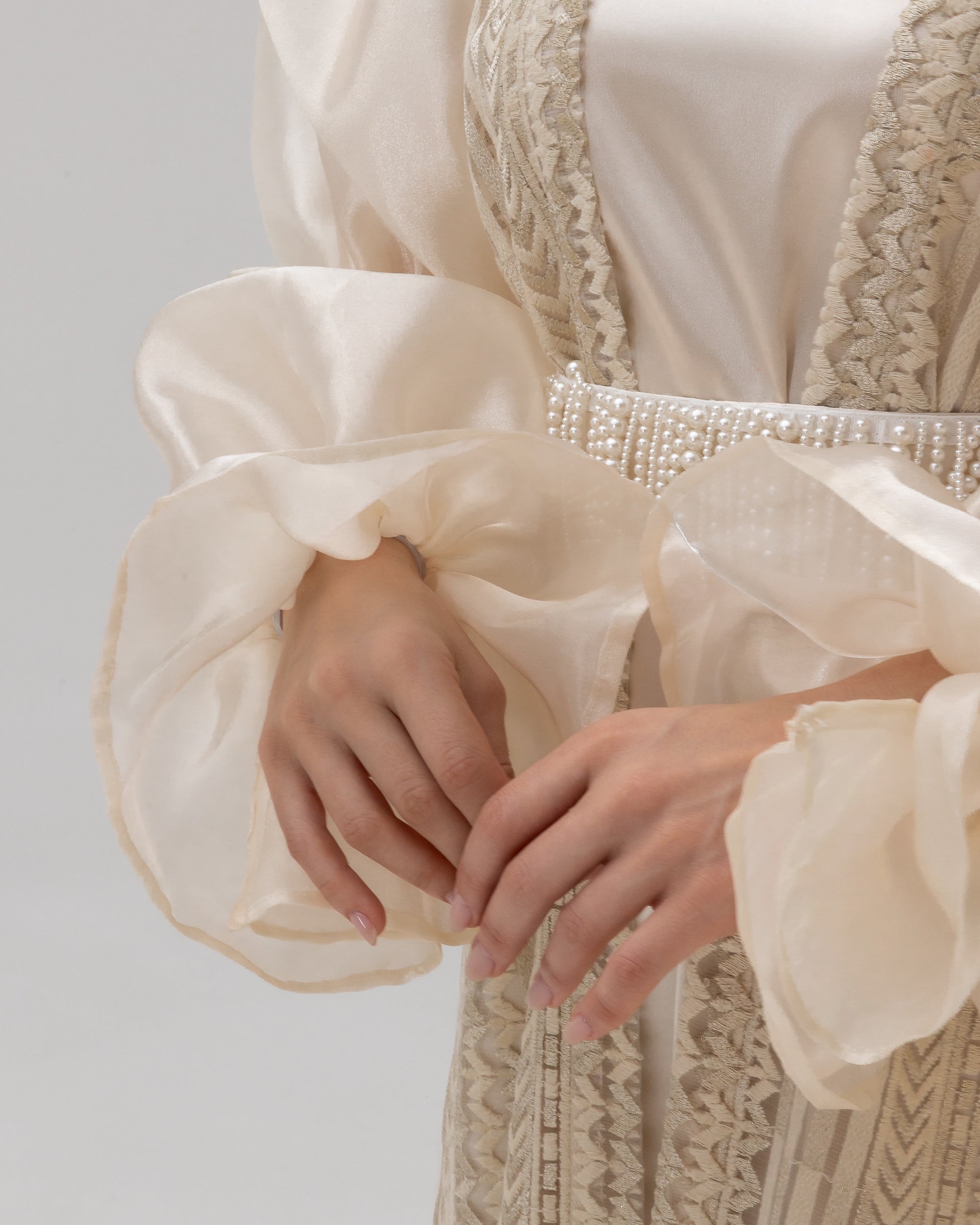 Champagne Lace Abaya with Sheer Puff Sleeves