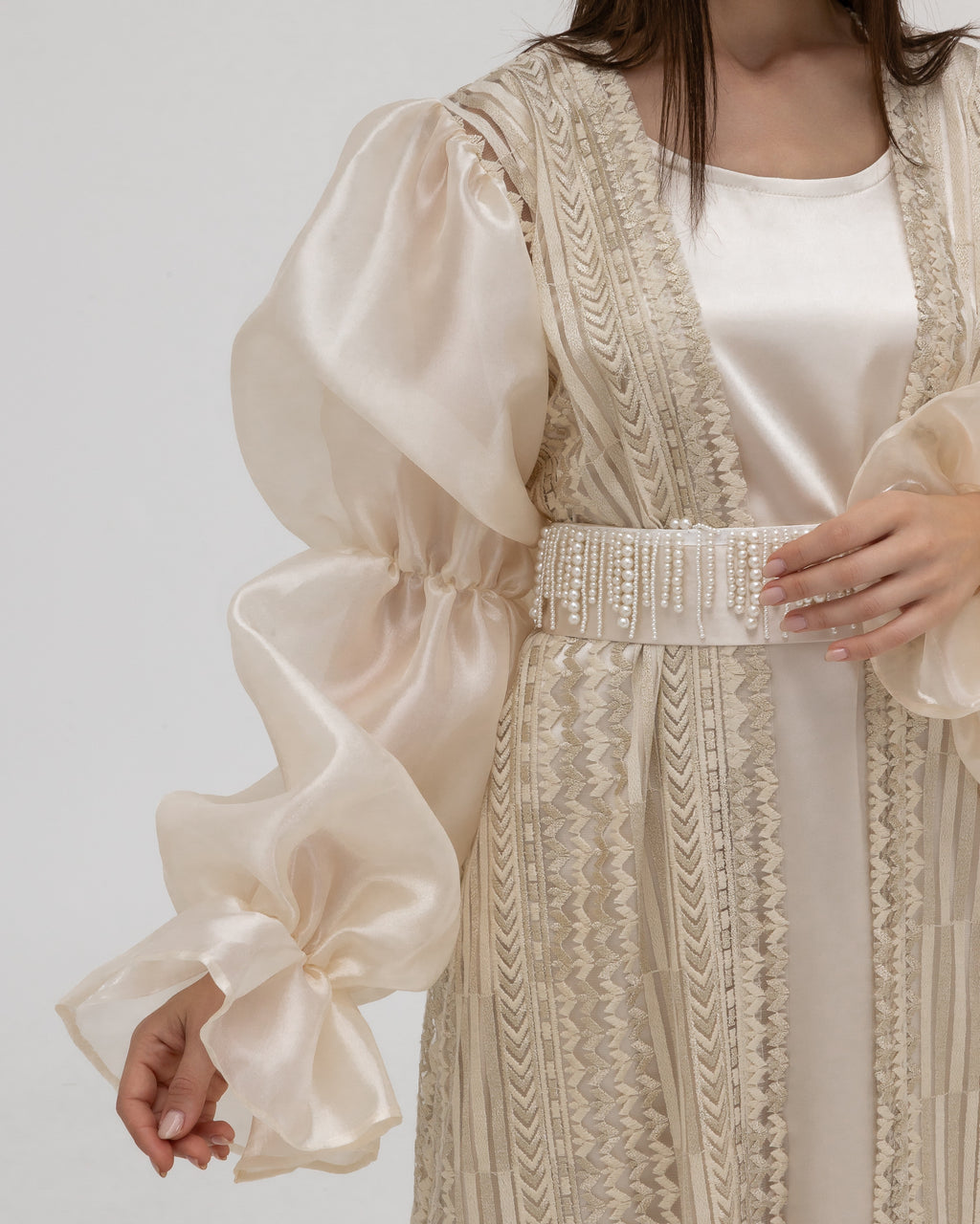 Champagne Lace Abaya with Sheer Puff Sleeves
