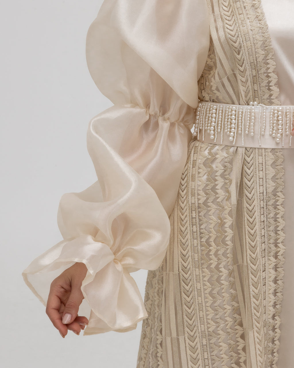 Champagne Lace Abaya with Sheer Puff Sleeves