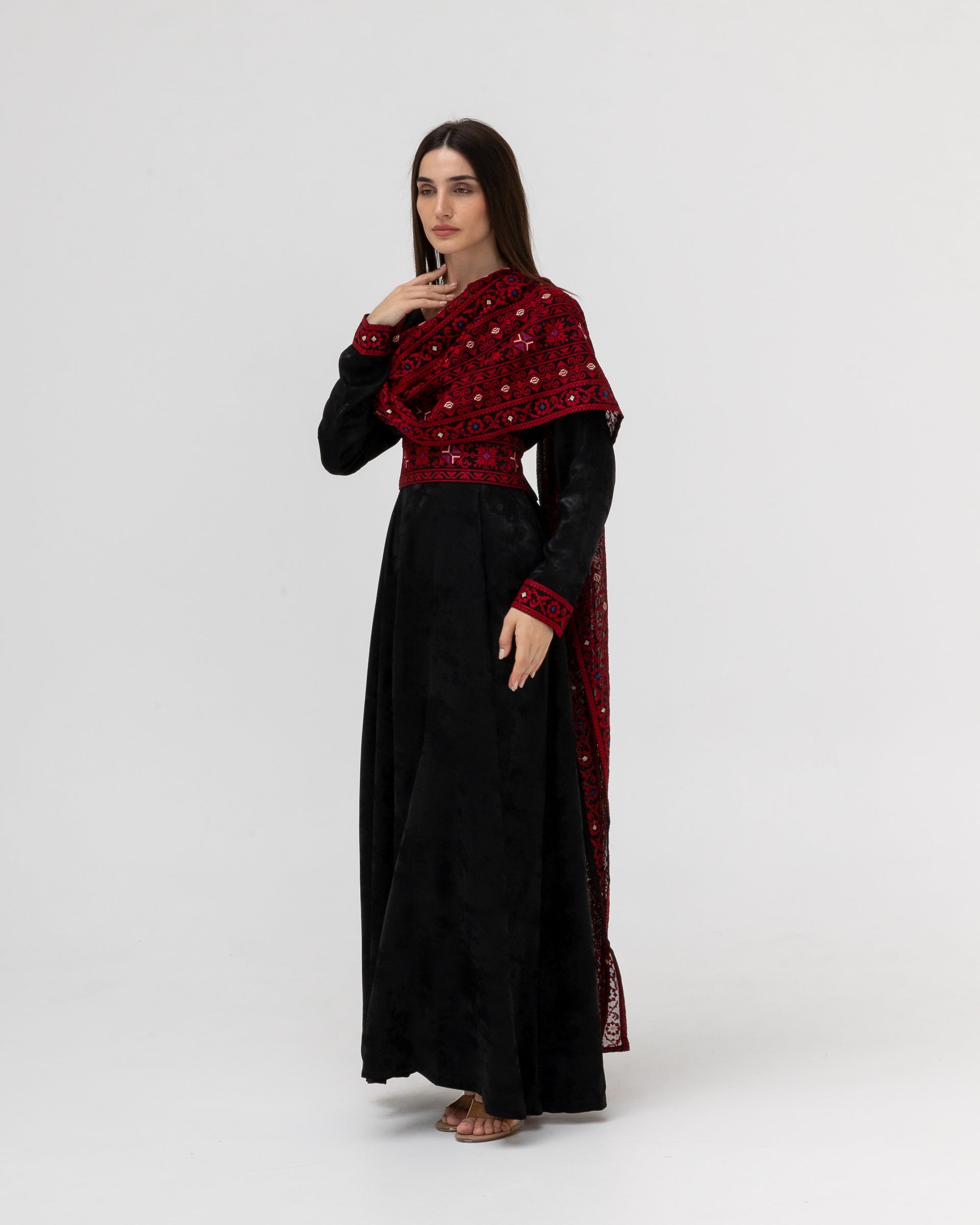 Draped Embroidered Black Dress