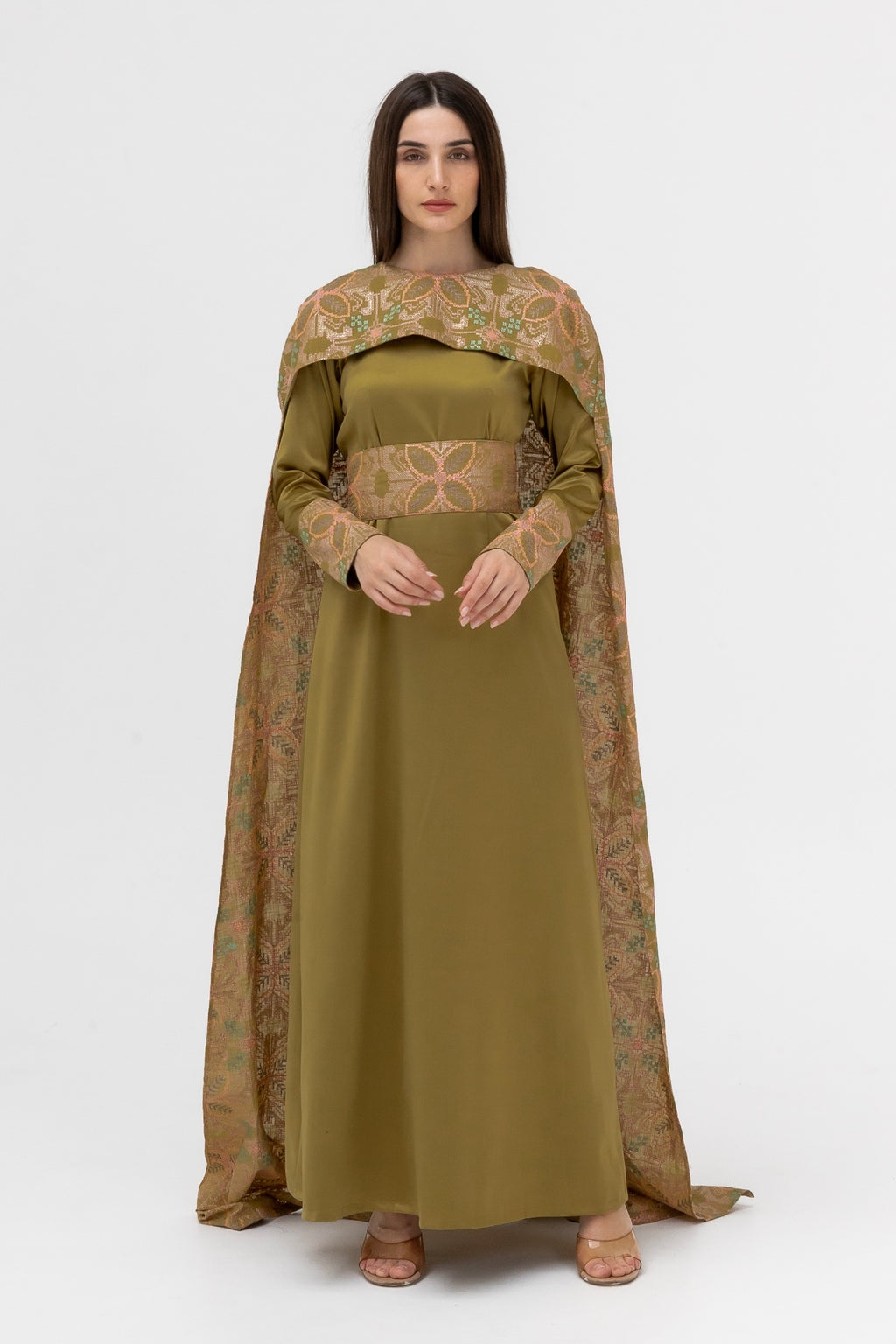 Olive Green Dress with Embroidered Cape