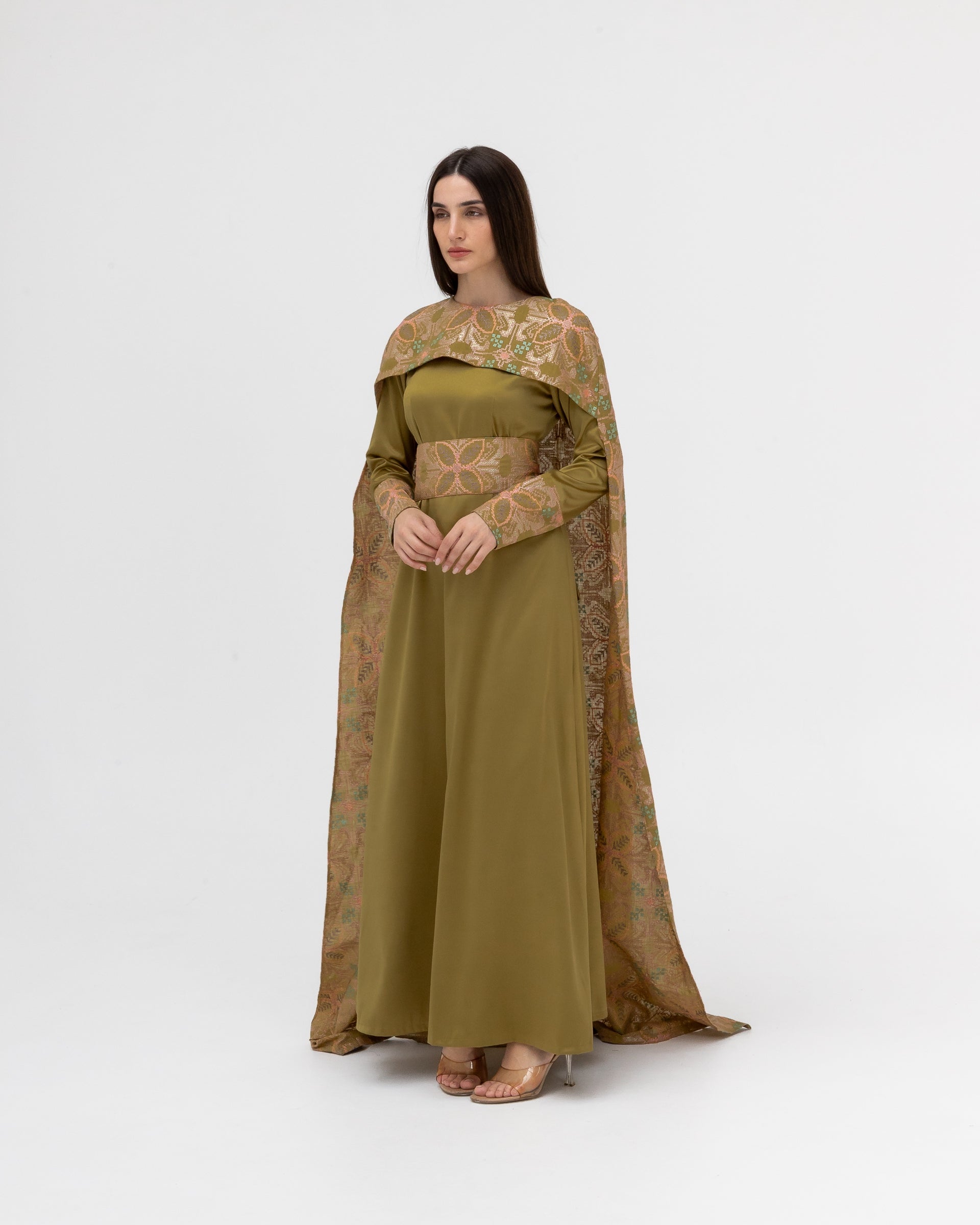 Olive Green Dress with Embroidered Cape