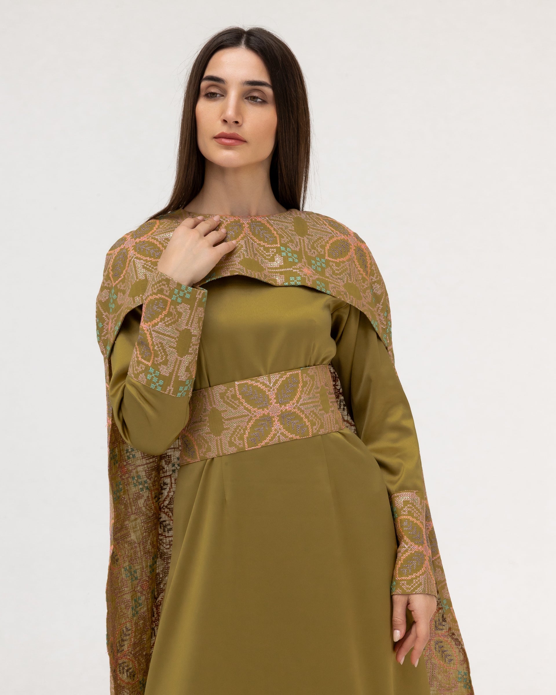 Olive Green Dress with Embroidered Cape