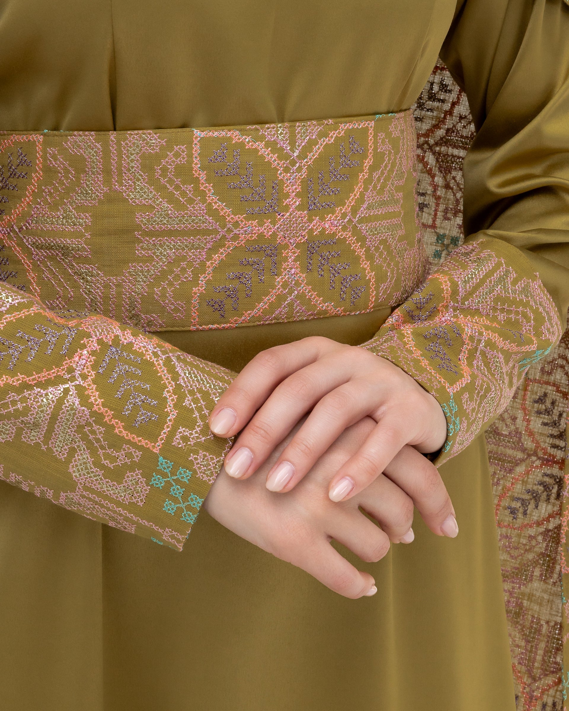 Olive Green Dress with Embroidered Cape