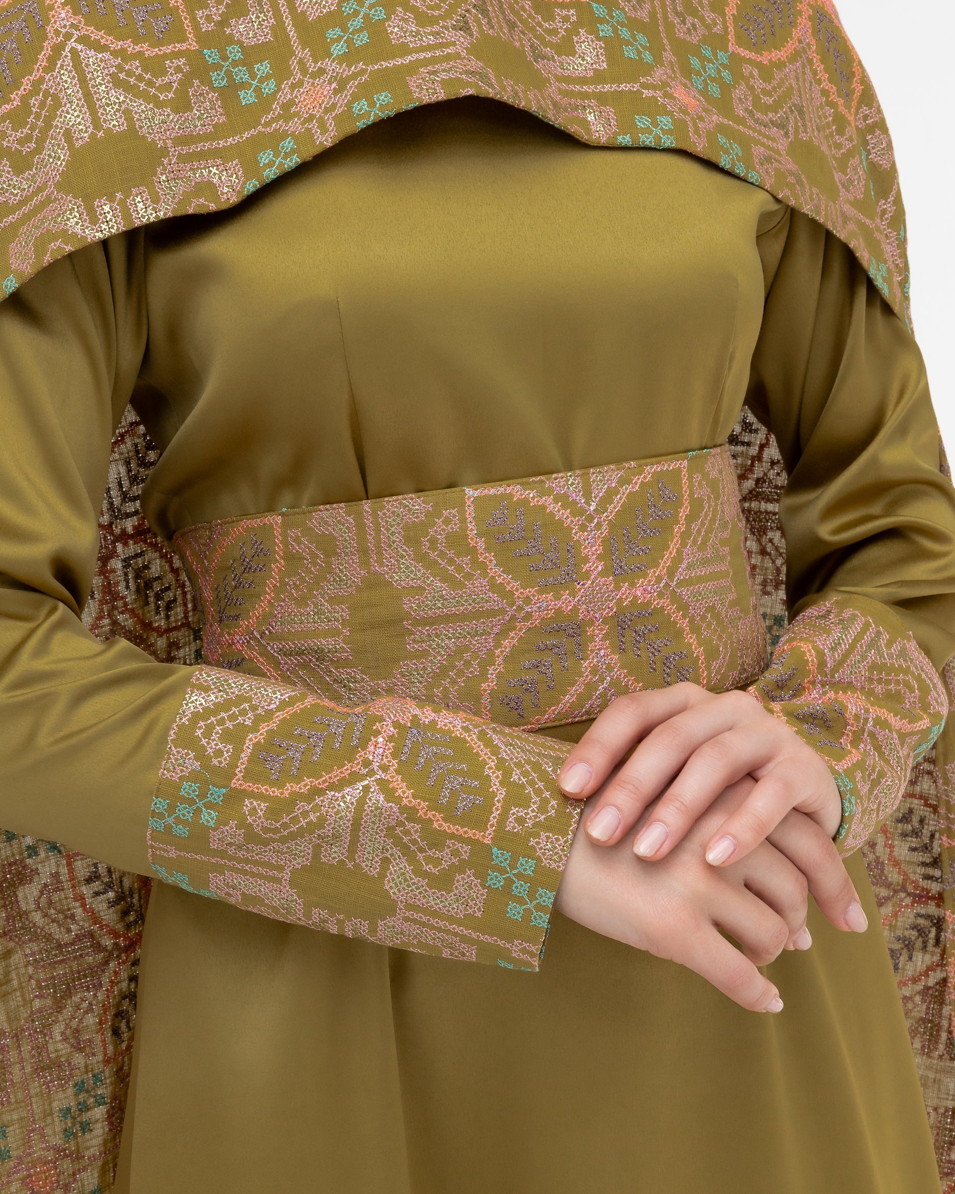 Olive Green Dress with Embroidered Cape