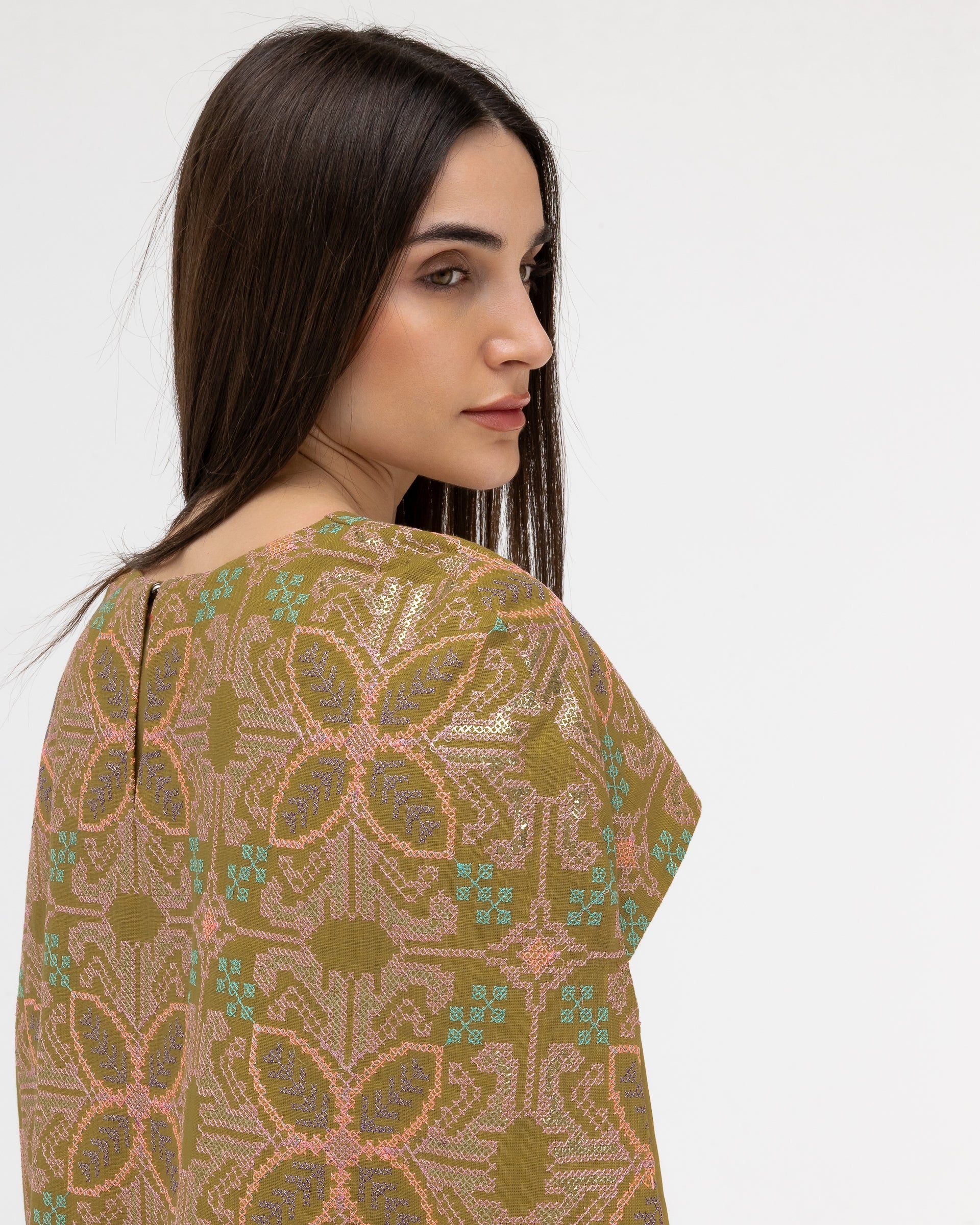 Olive Green Dress with Embroidered Cape