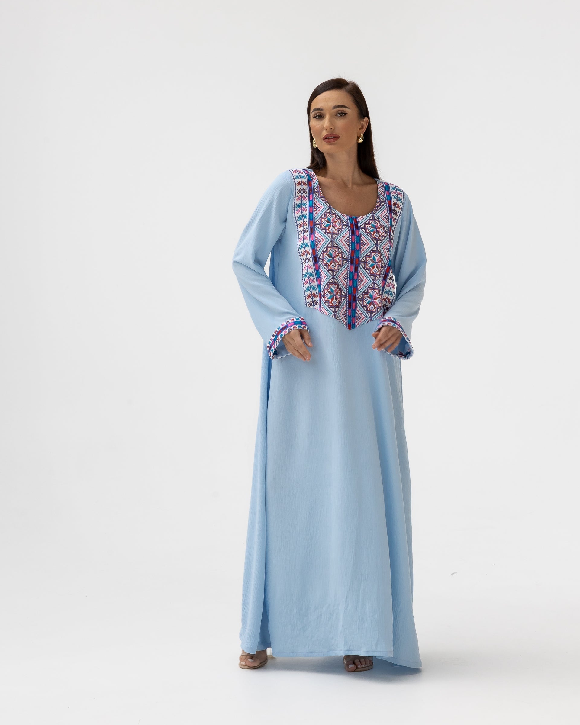 Blue Kaftan with Multicolored Embroidery