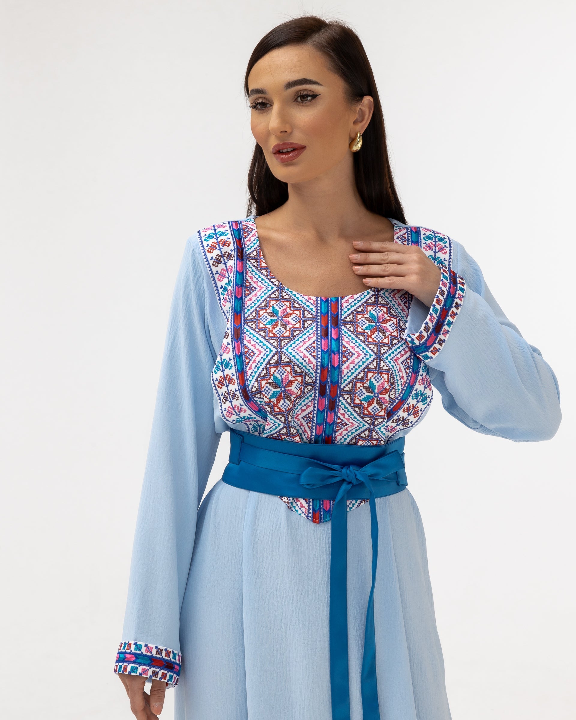 Blue Kaftan with Multicolored Embroidery