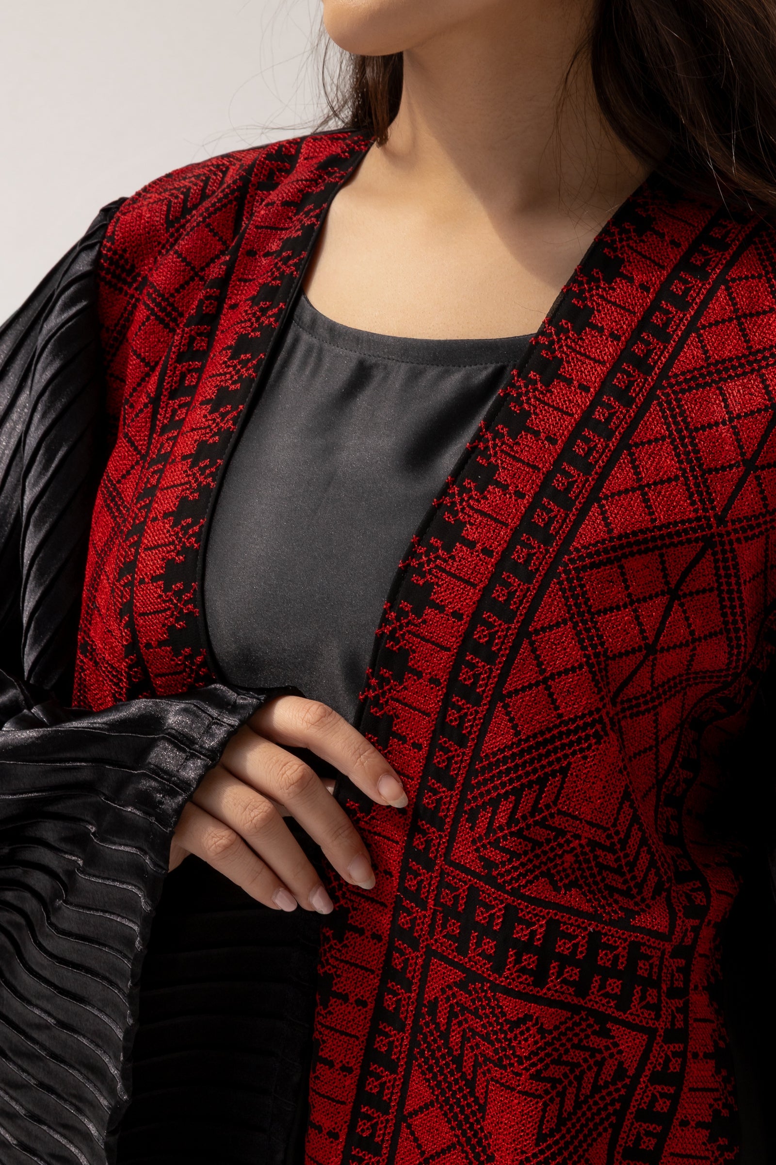 Black Abaya with Red Embroidered Details