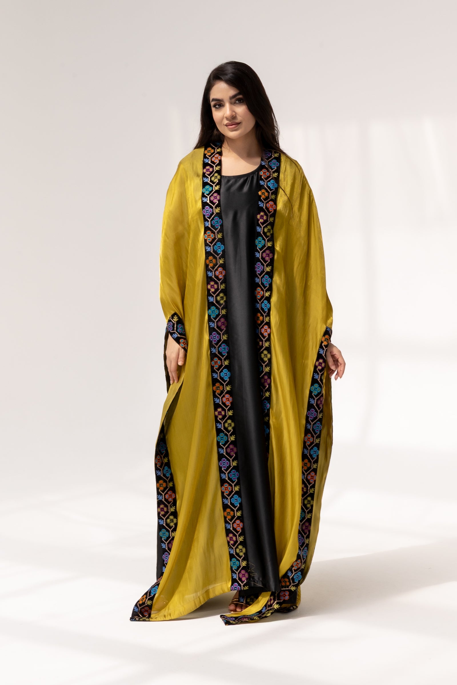 Mustard Embroidered Open Abaya