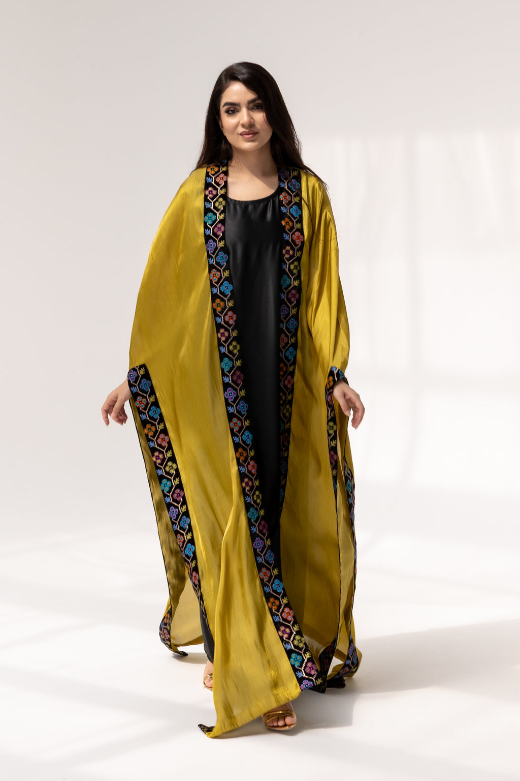 Mustard Embroidered Open Abaya