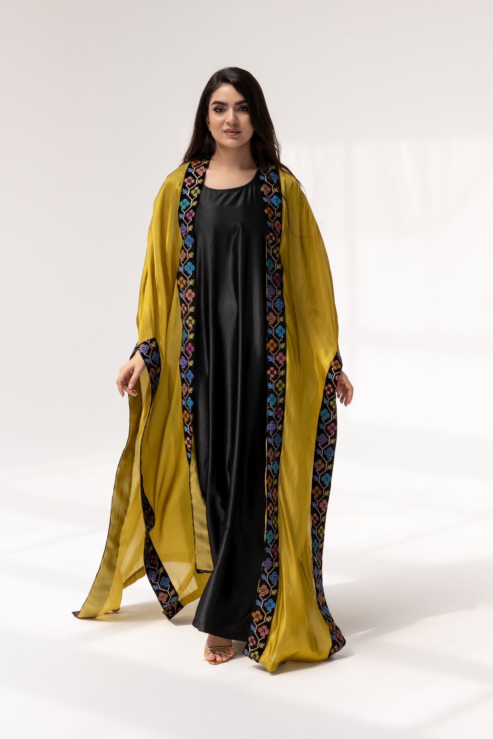 Mustard Embroidered Open Abaya