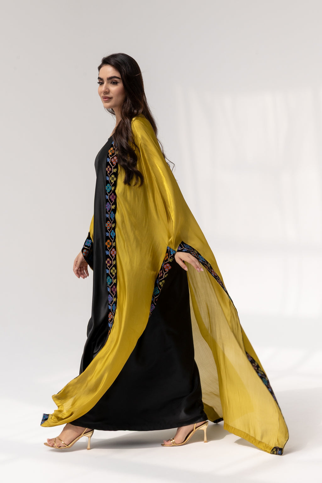 Mustard Embroidered Open Abaya