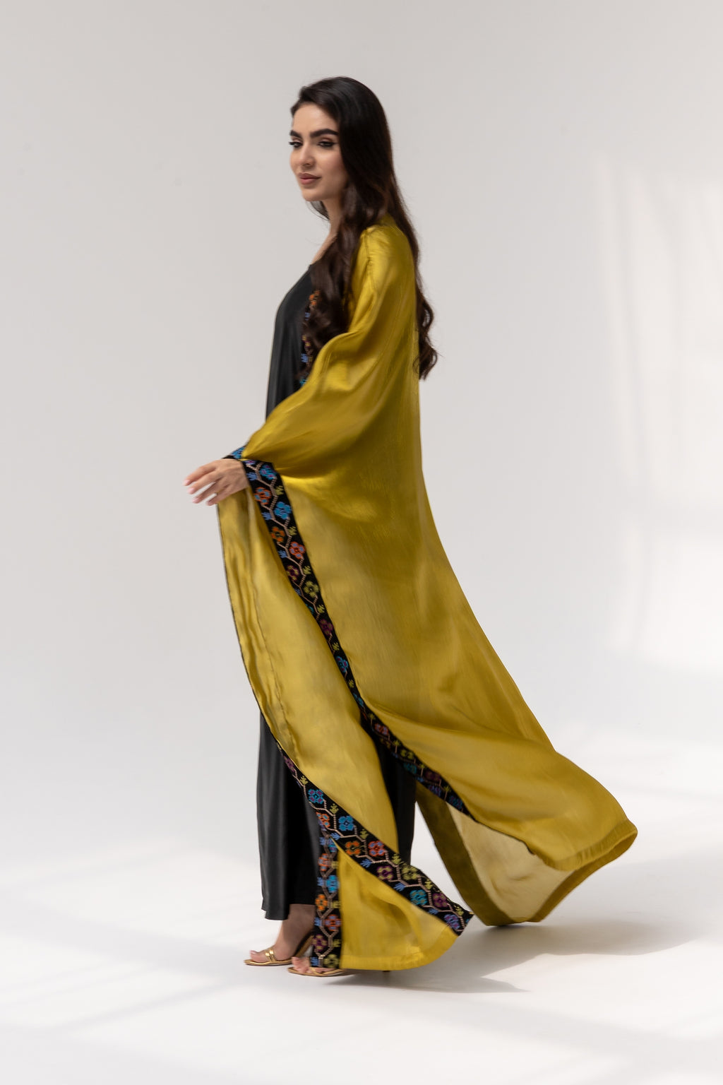 Mustard Embroidered Open Abaya