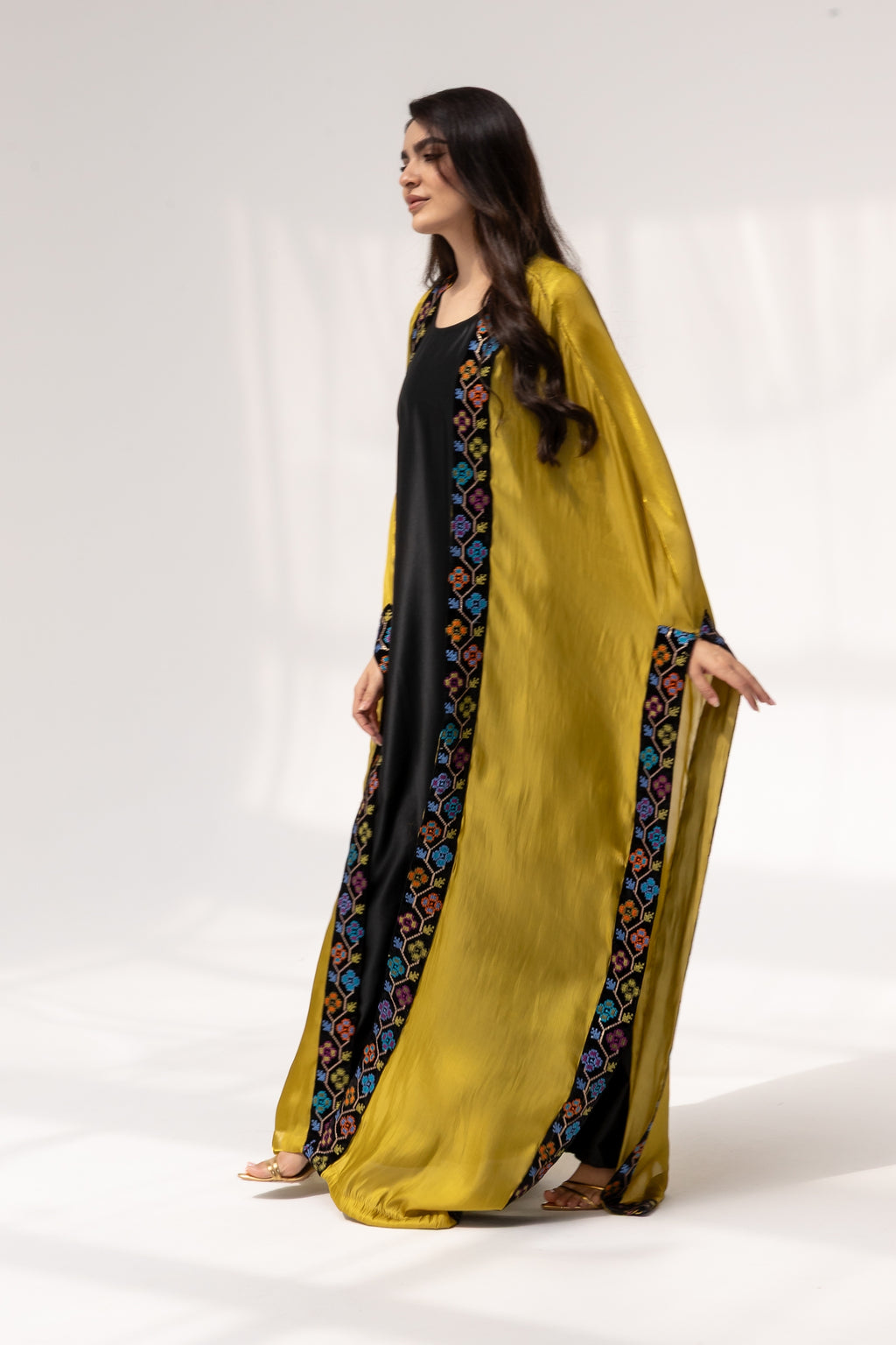 Mustard Embroidered Open Abaya