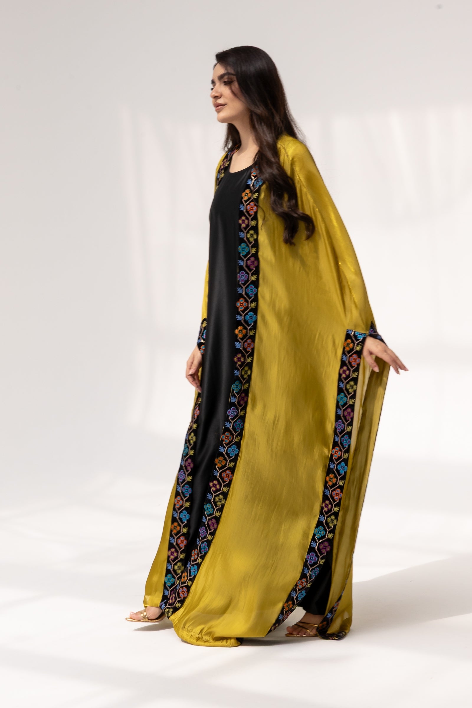 Mustard Embroidered Open Abaya
