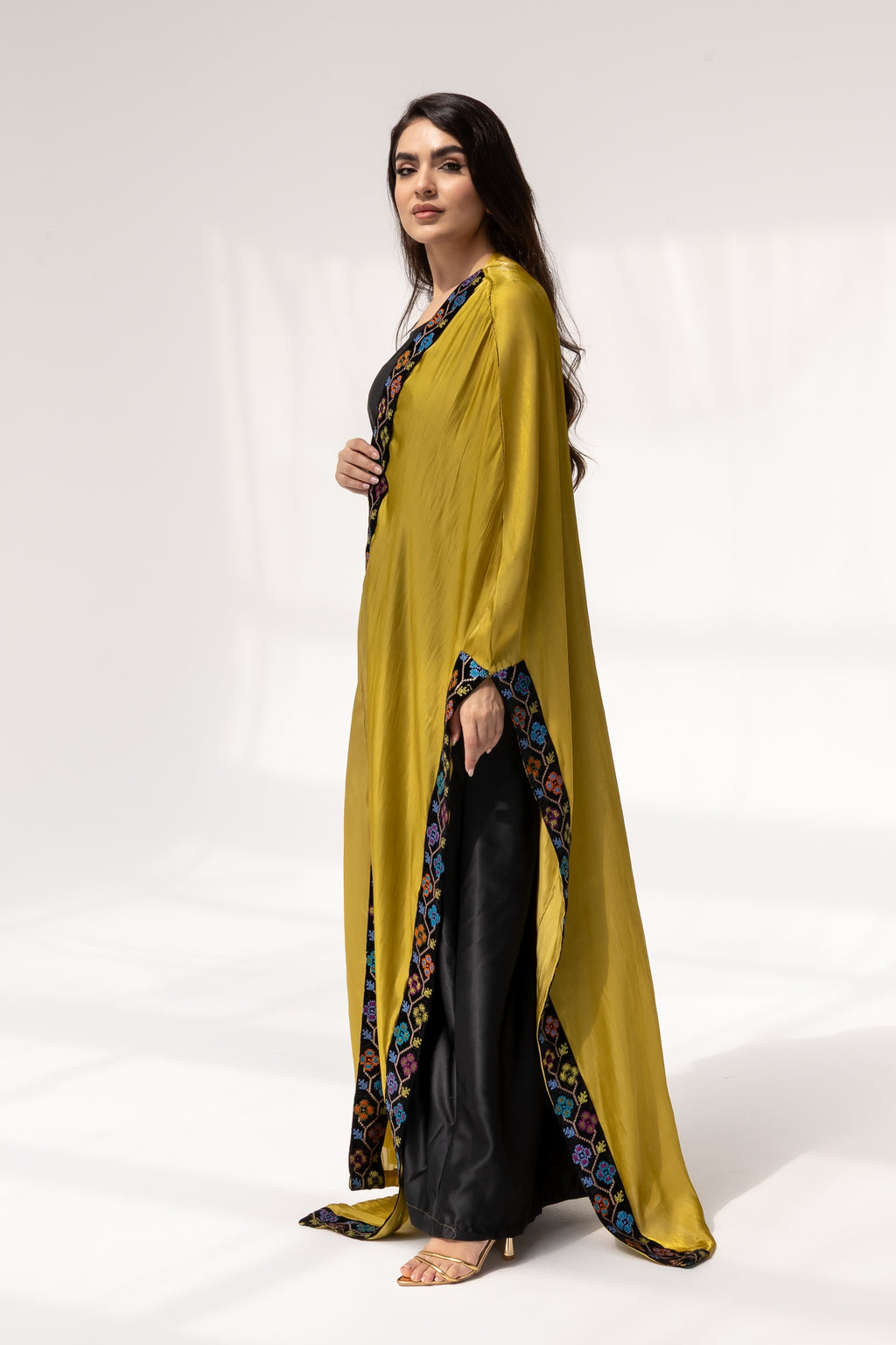 Mustard Embroidered Open Abaya