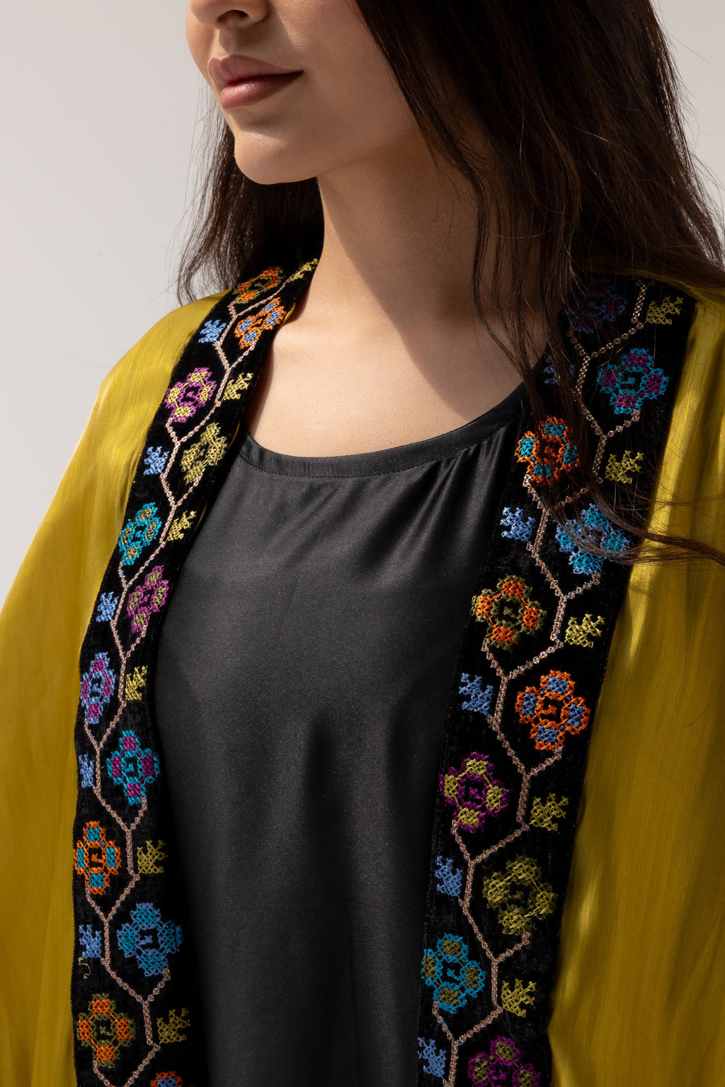 Mustard Embroidered Open Abaya