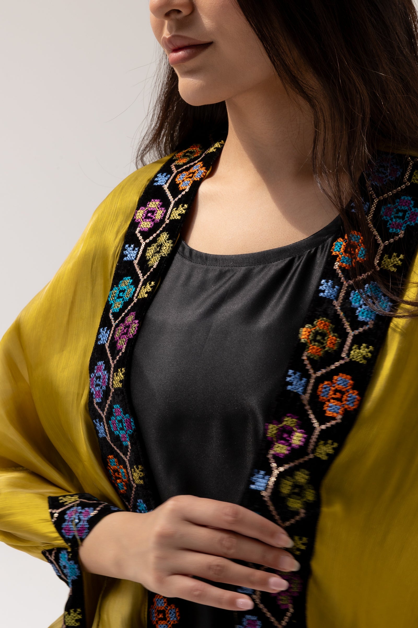 Mustard Embroidered Open Abaya