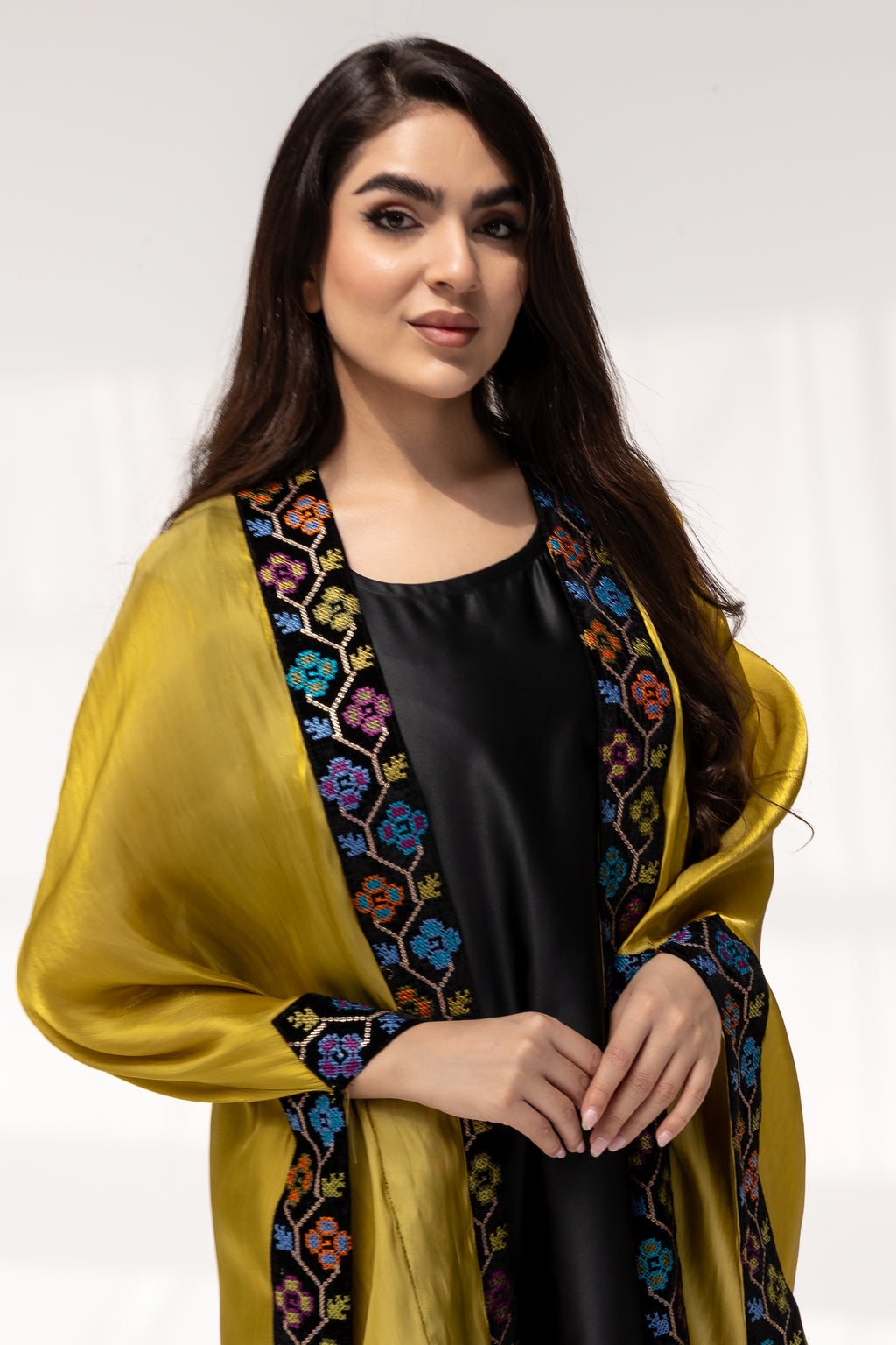 Mustard Embroidered Open Abaya