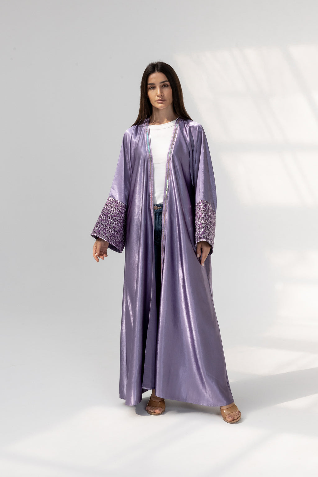 Lilac Satin Abaya with Embroidery
