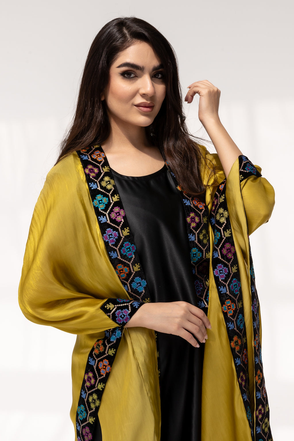 Mustard Embroidered Open Abaya
