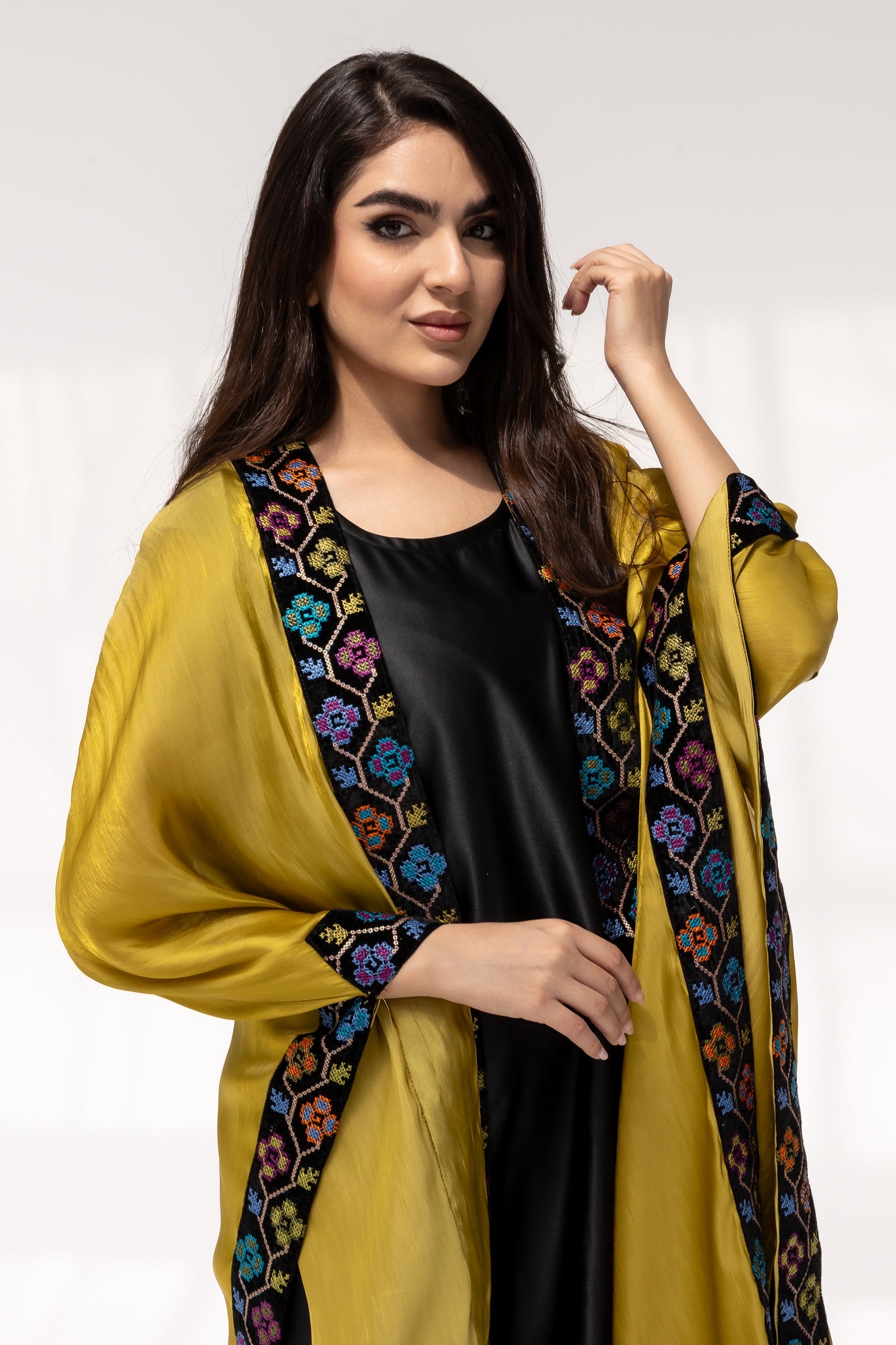 Mustard Embroidered Open Abaya