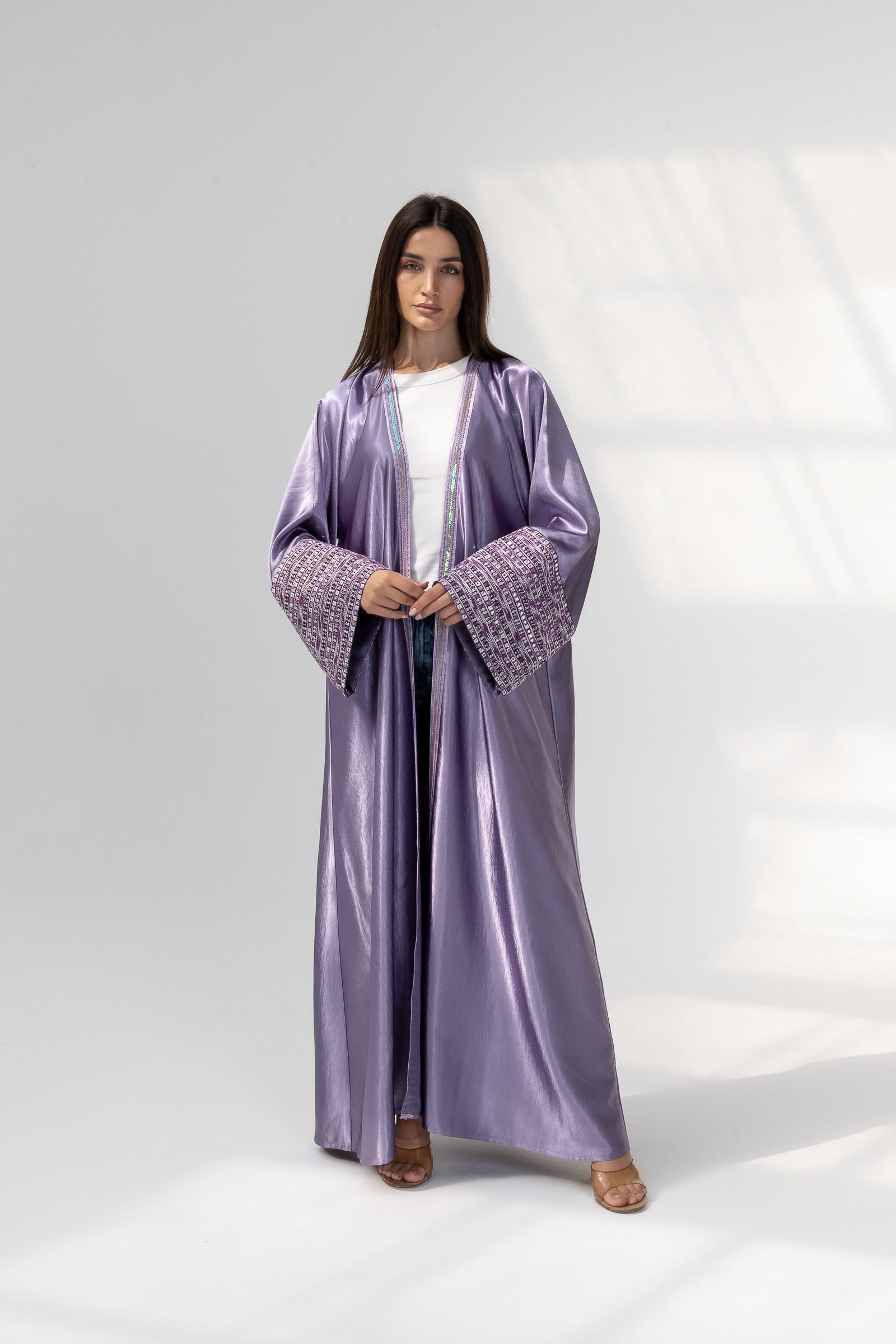 Lilac Satin Abaya with Embroidery