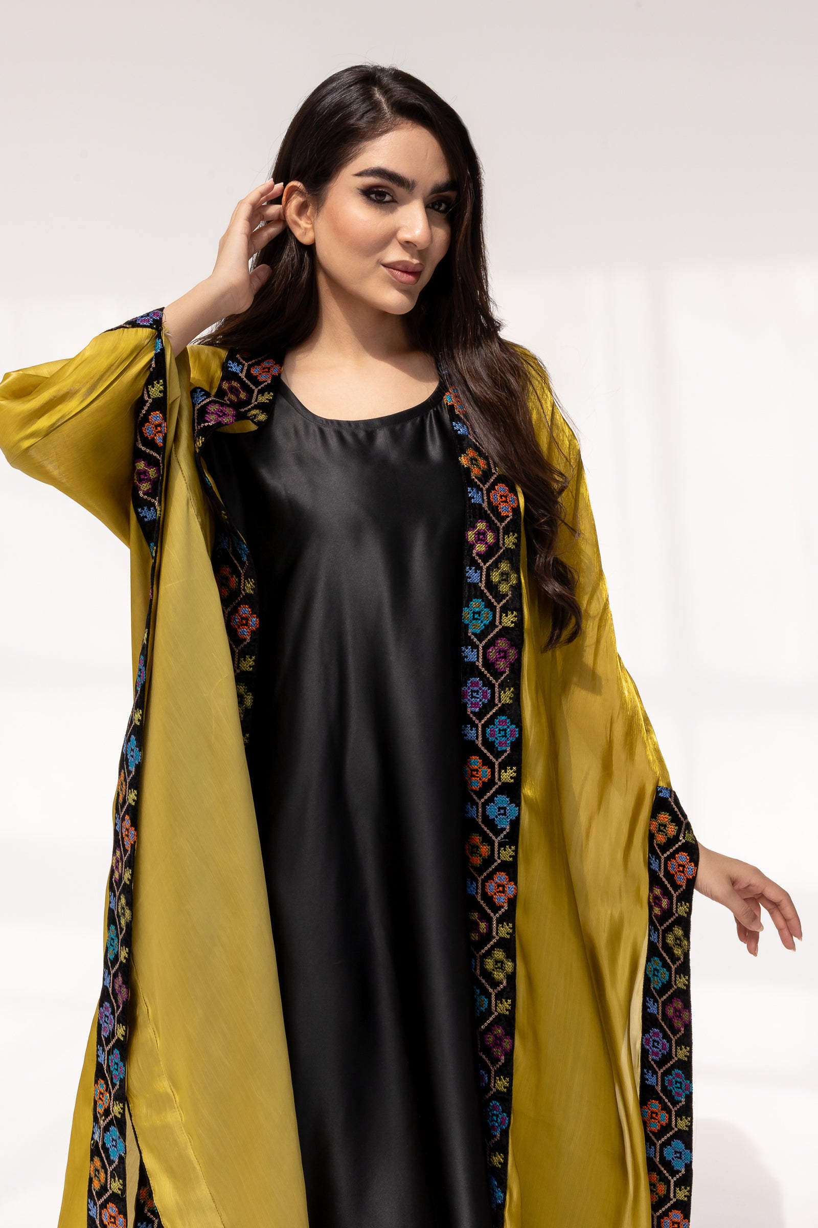 Mustard Embroidered Open Abaya