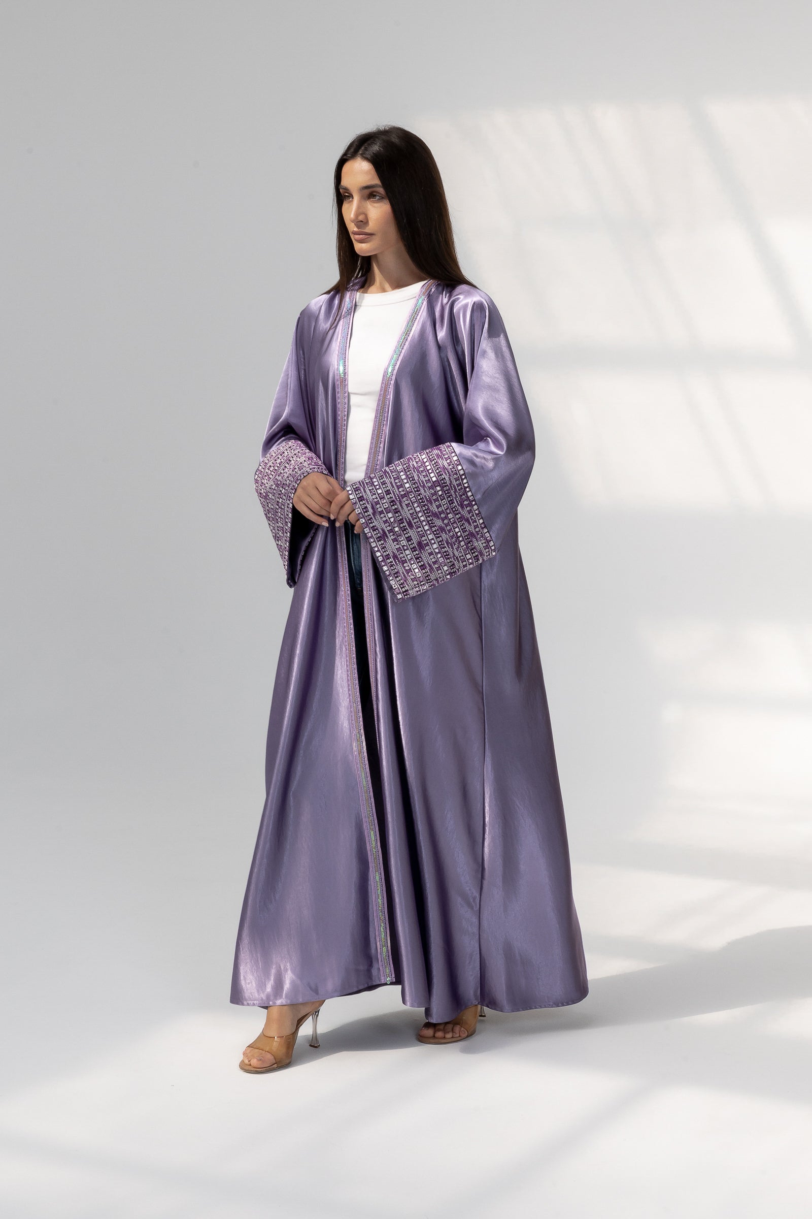 Lilac Satin Abaya with Embroidery