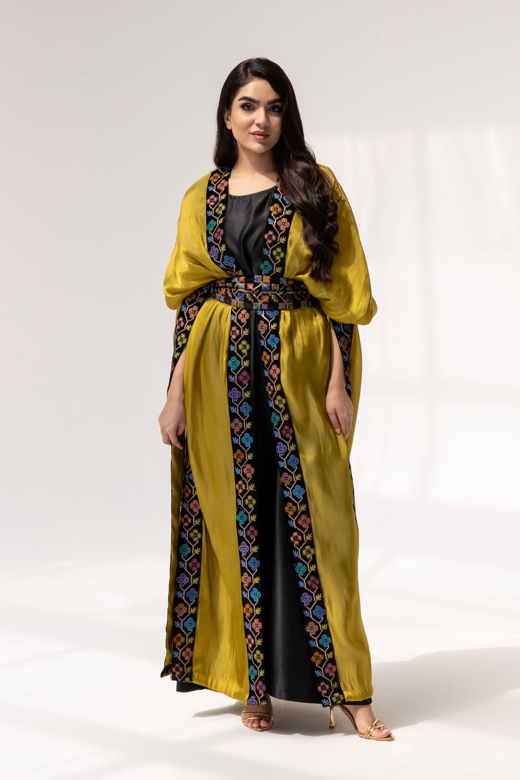 Mustard Embroidered Open Abaya