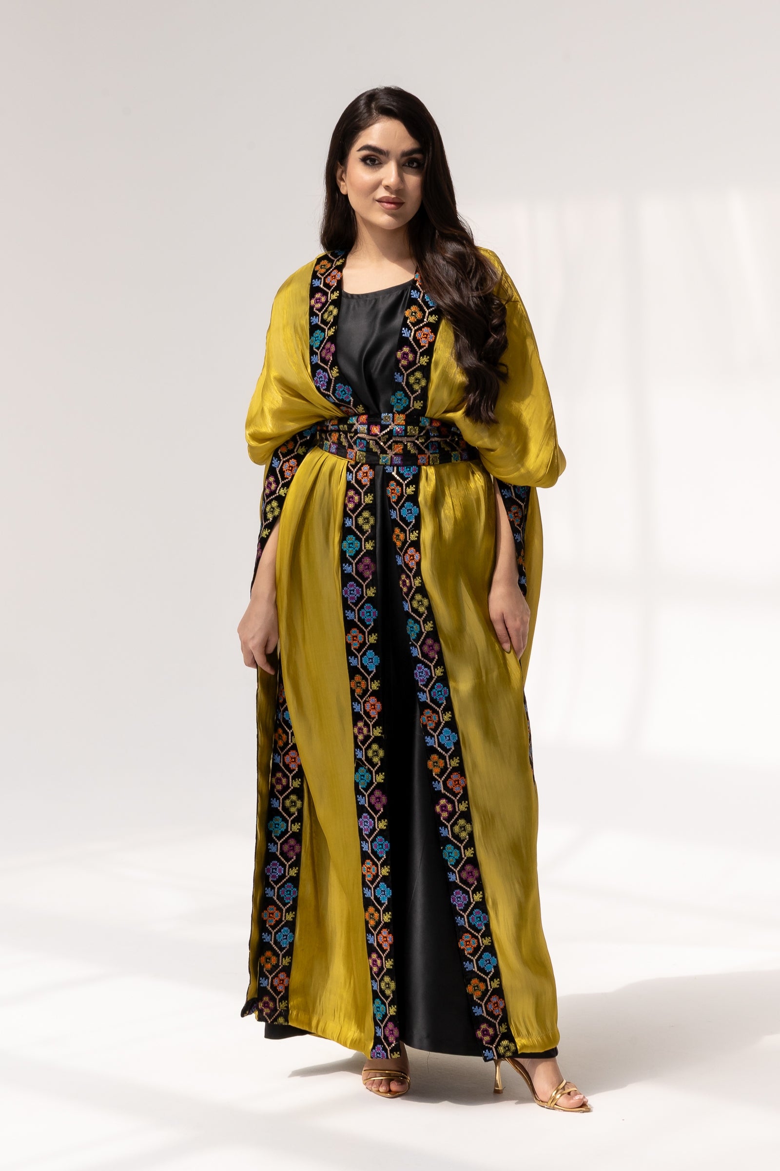 Mustard Embroidered Open Abaya