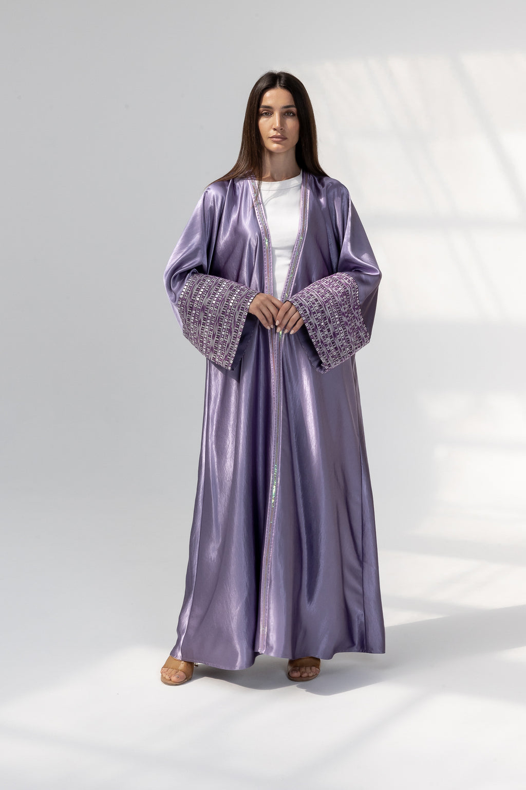 Lilac Satin Abaya with Embroidery