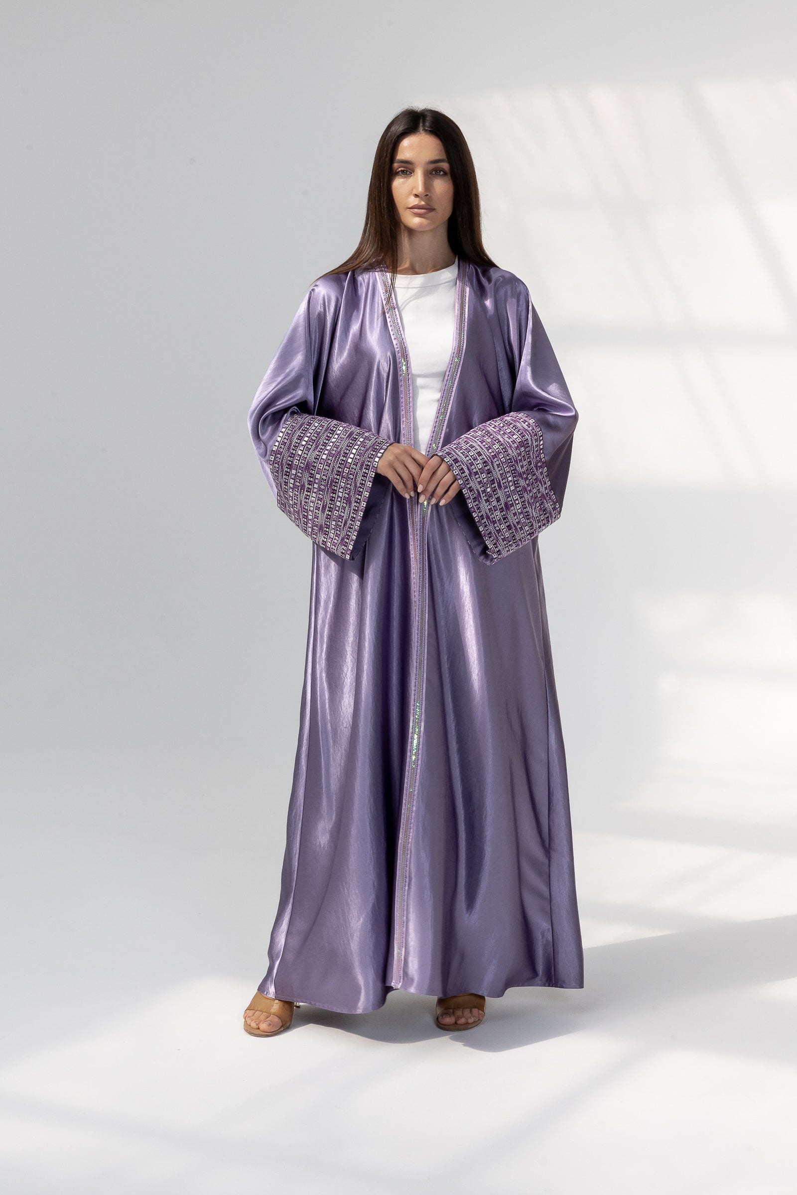 Lilac Satin Abaya with Embroidery