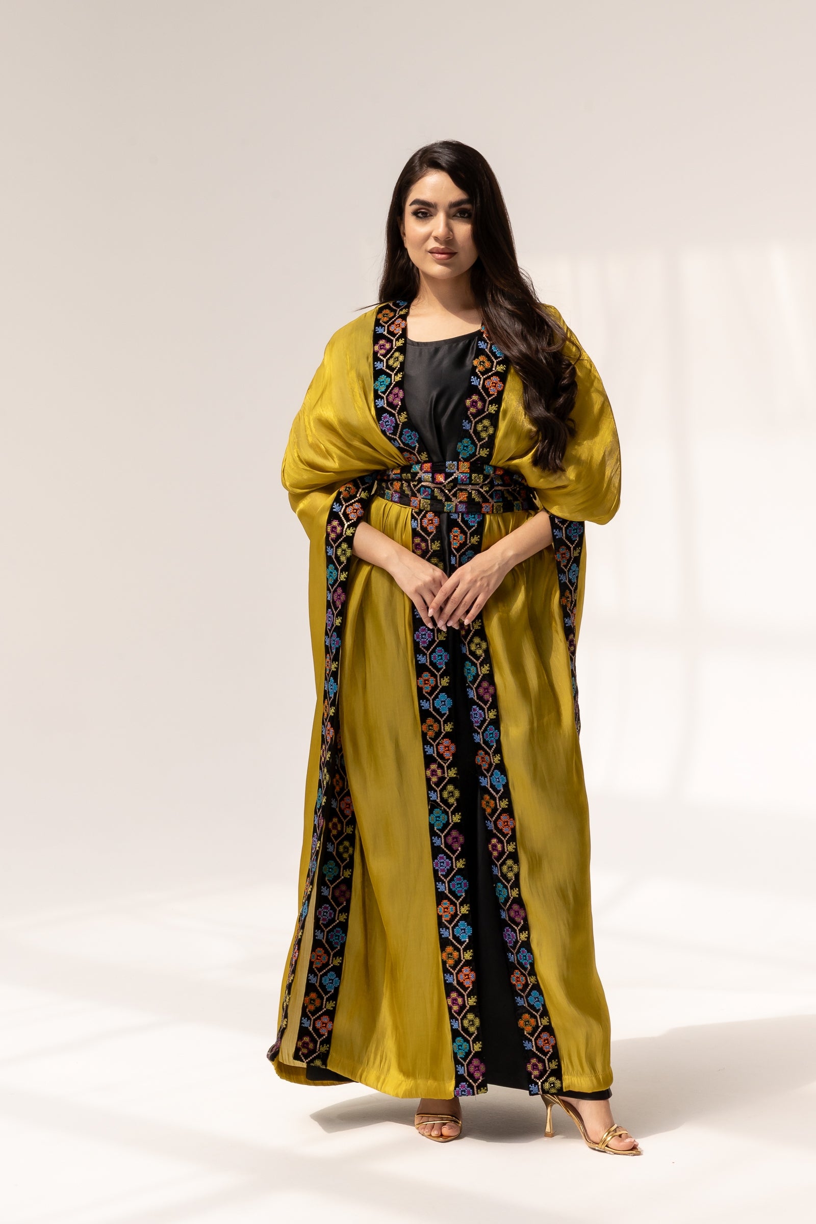 Mustard Embroidered Open Abaya