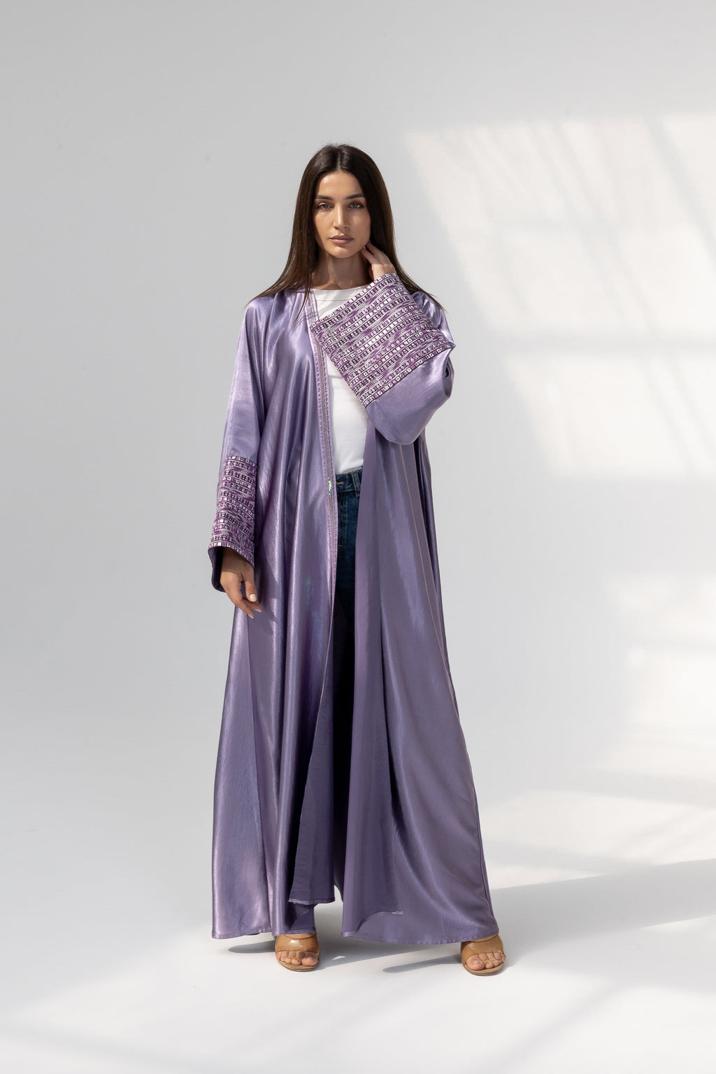 Lilac Satin Abaya with Embroidery