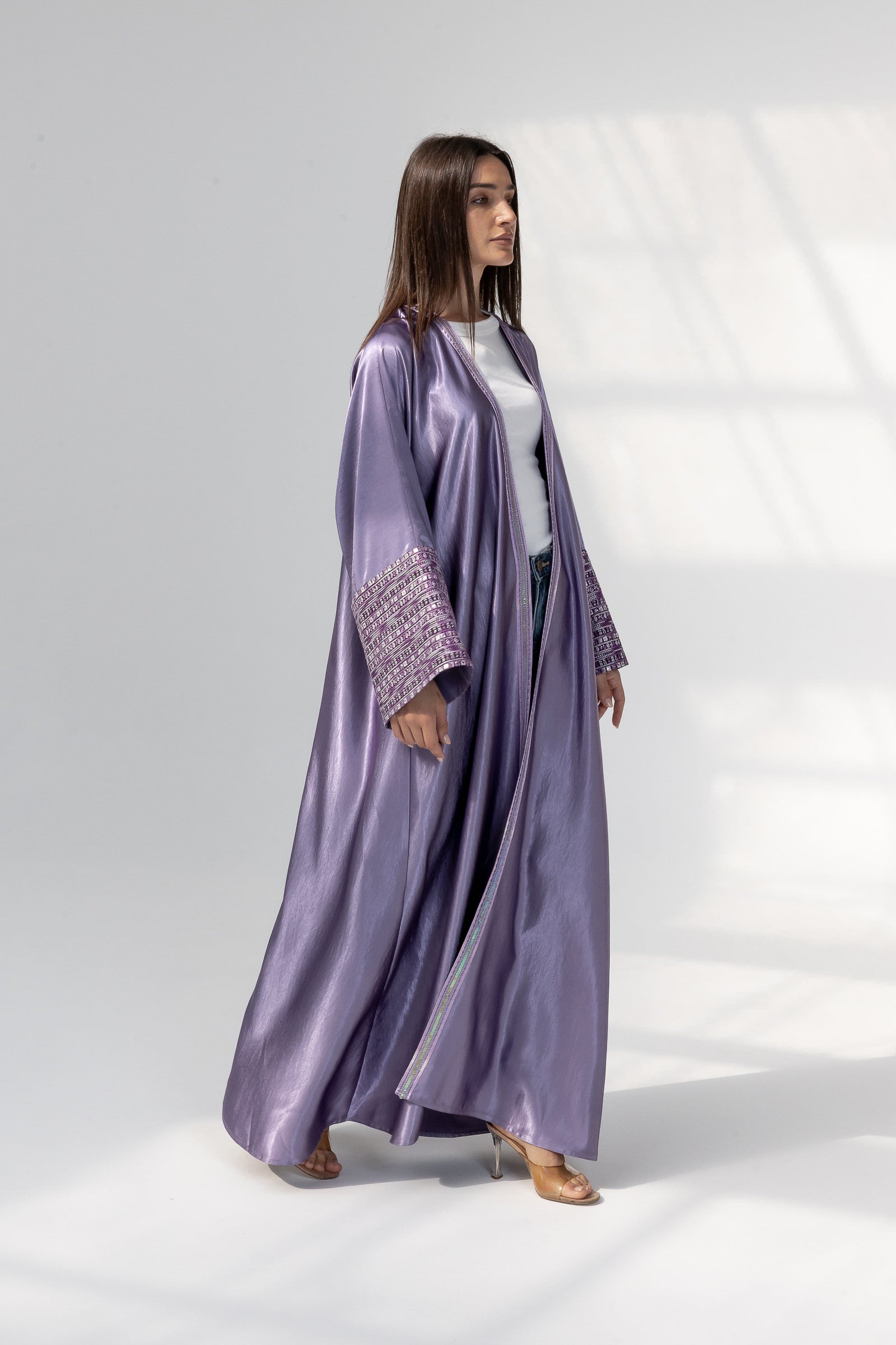 Lilac Satin Abaya with Embroidery