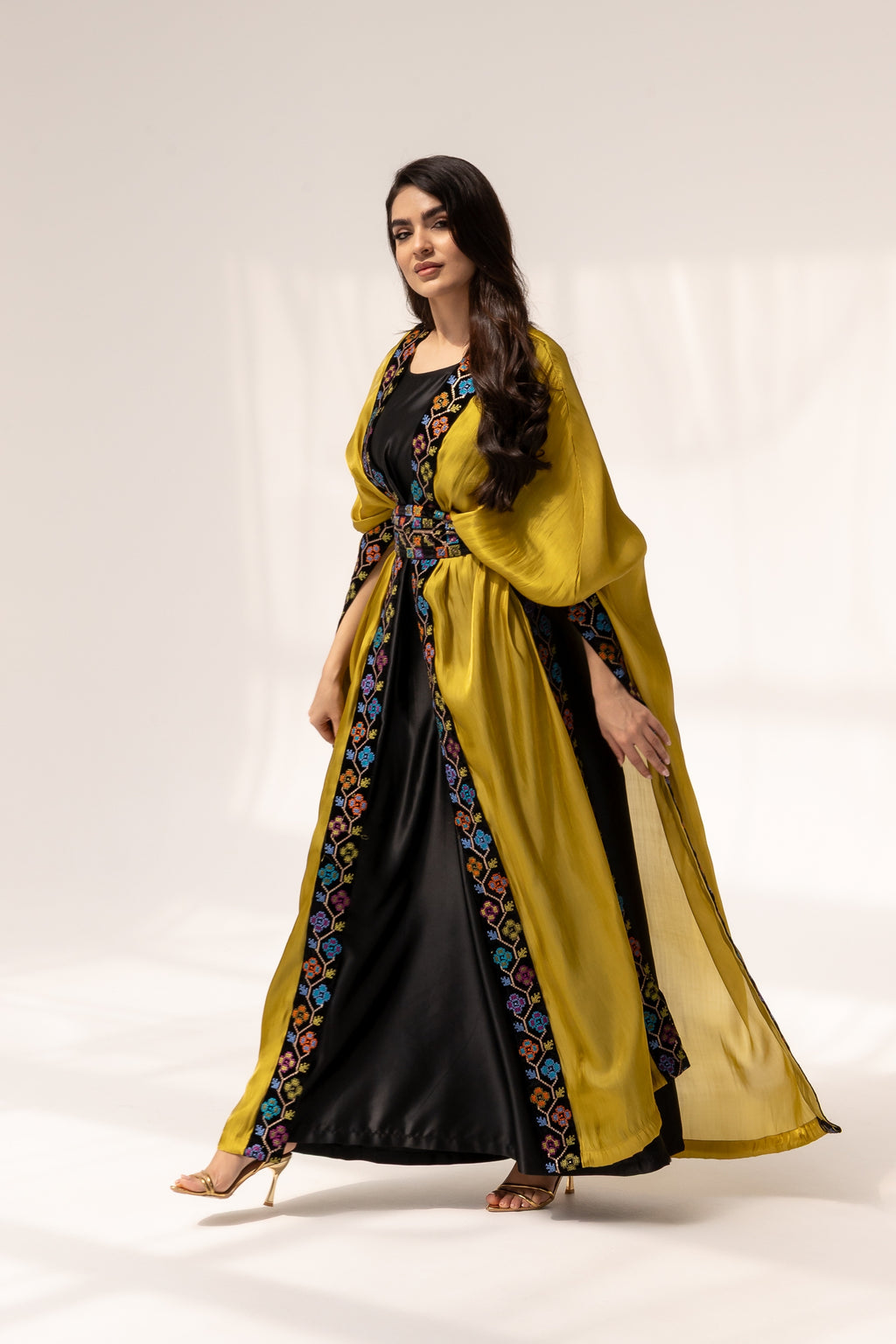 Mustard Embroidered Open Abaya